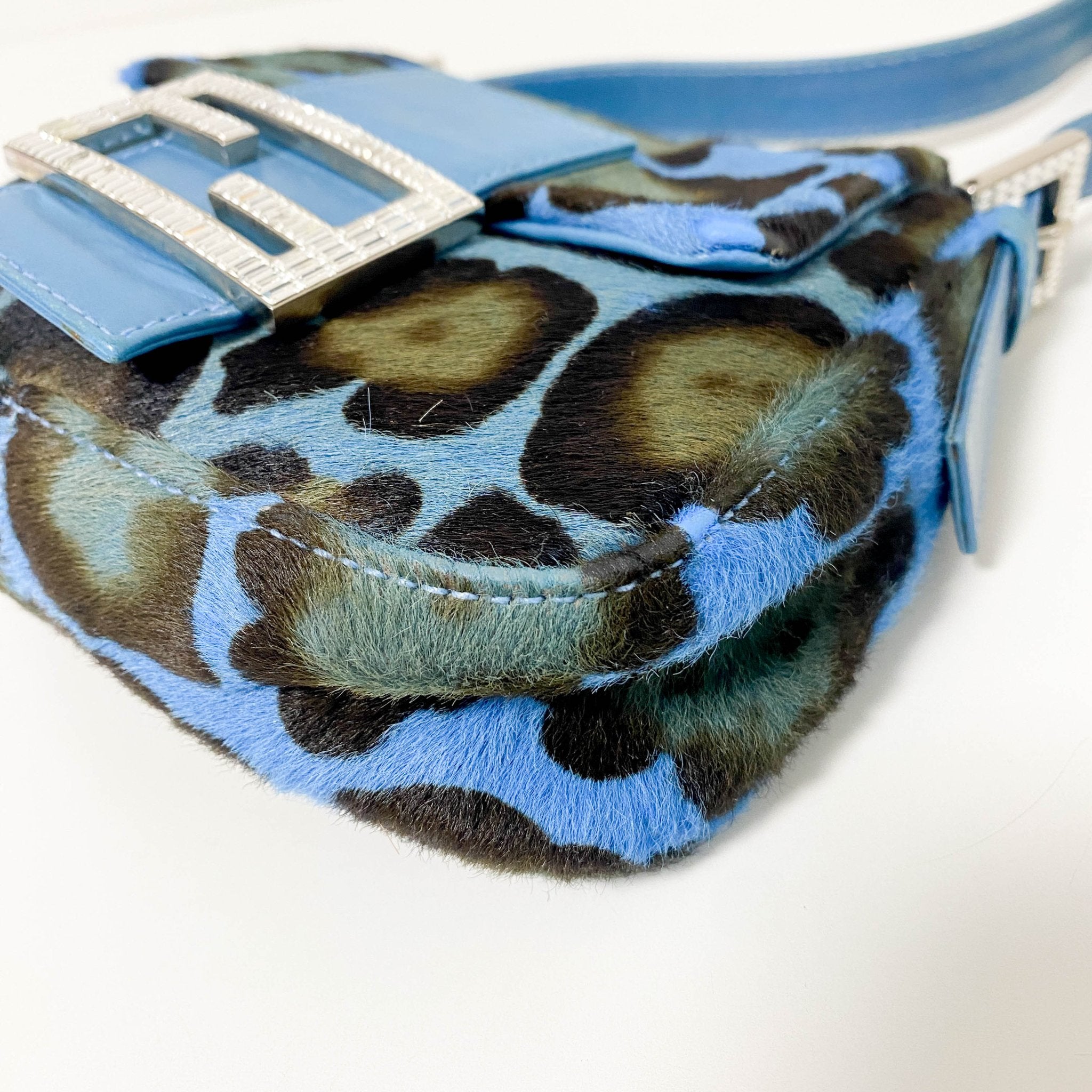 FENDI Mini Square Mamma Baguette Leopard Print Pony Hair Rhinestone Shoulder Bag Blue in Sold by HIVE PRELOVED - Shoulder Bag