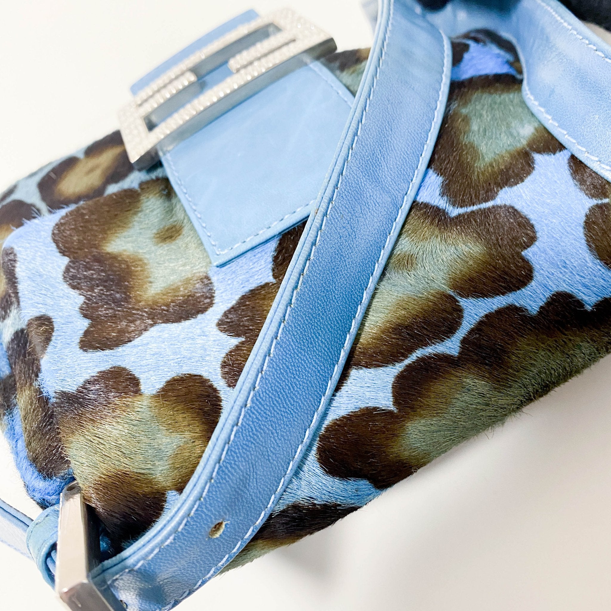 FENDI Mini Square Mamma Baguette Leopard Print Pony Hair Rhinestone Shoulder Bag Blue in Sold by HIVE PRELOVED - Shoulder Bag