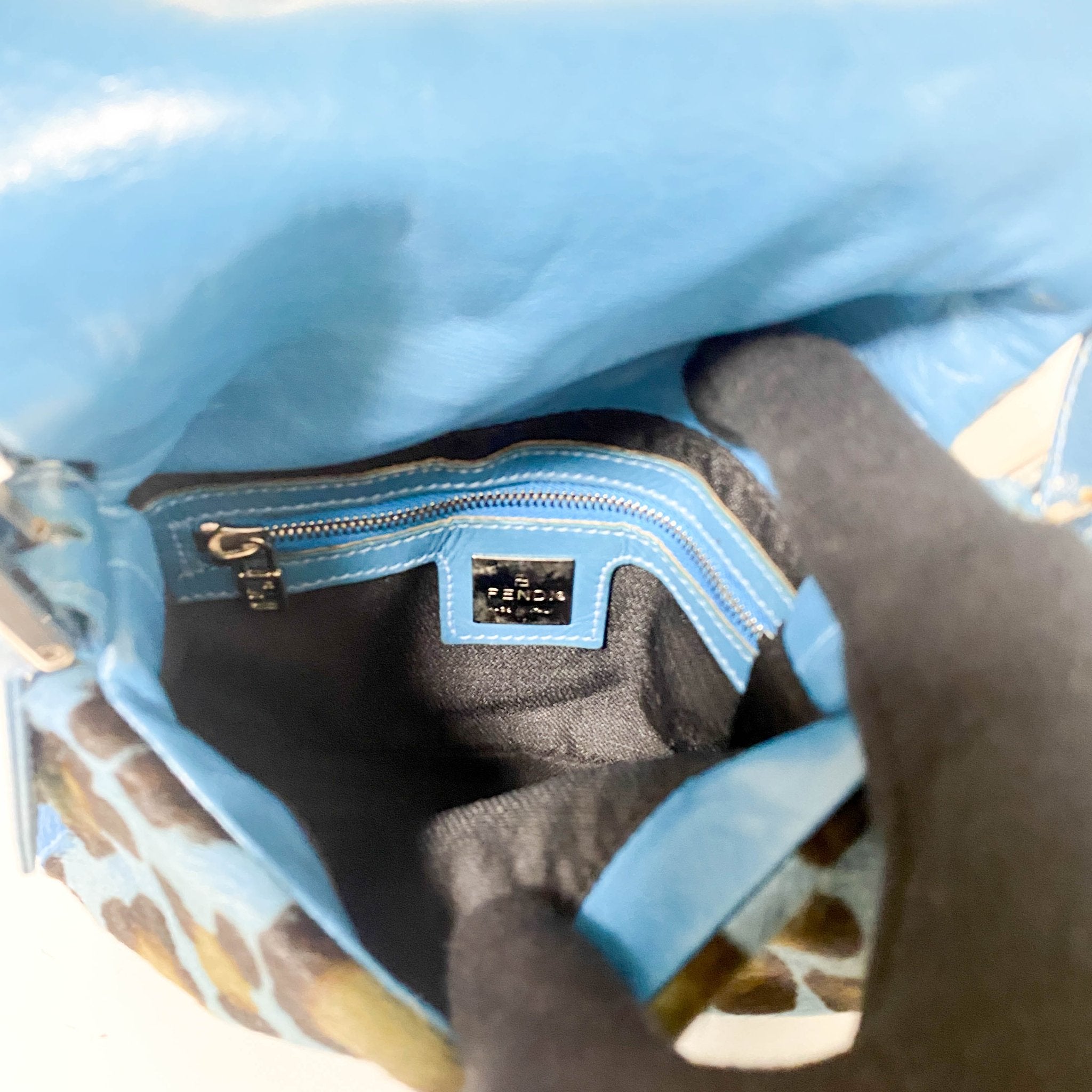 FENDI Mini Square Mamma Baguette Leopard Print Pony Hair Rhinestone Shoulder Bag Blue in Sold by HIVE PRELOVED - Shoulder Bag