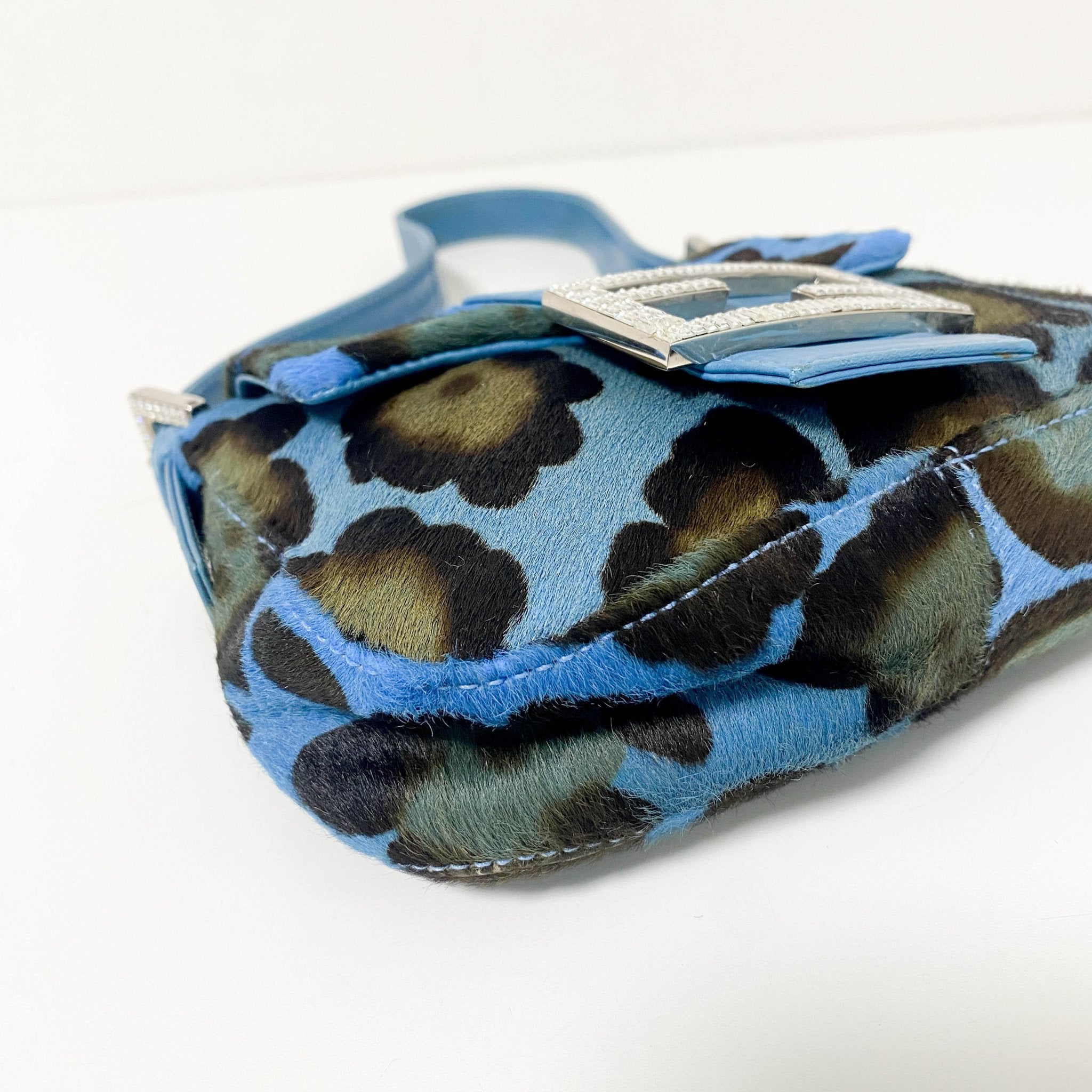 FENDI Mini Square Mamma Baguette Leopard Print Pony Hair Rhinestone Shoulder Bag Blue in Sold by HIVE PRELOVED - Shoulder Bag