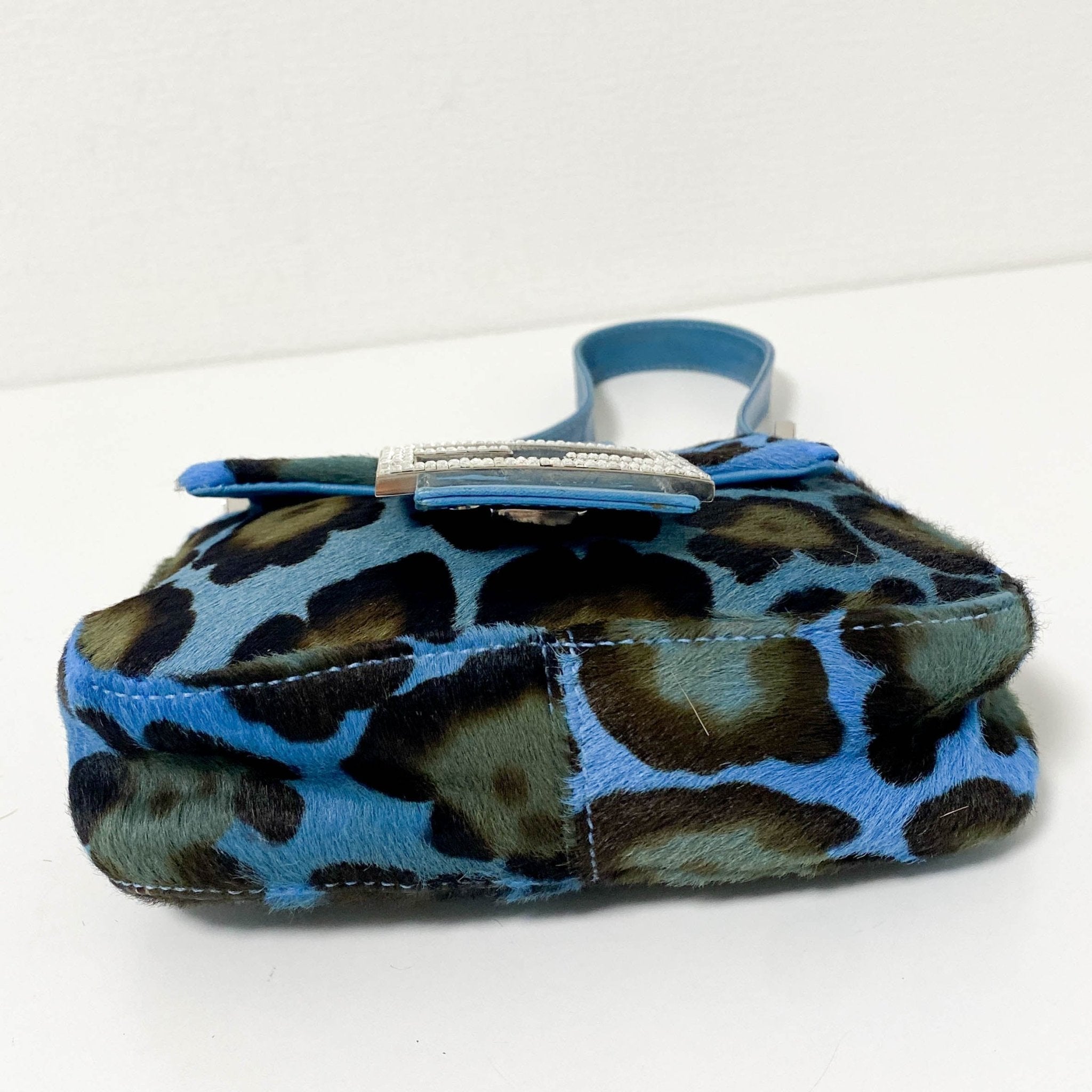 FENDI Mini Square Mamma Baguette Leopard Print Pony Hair Rhinestone Shoulder Bag Blue in Sold by HIVE PRELOVED - Shoulder Bag