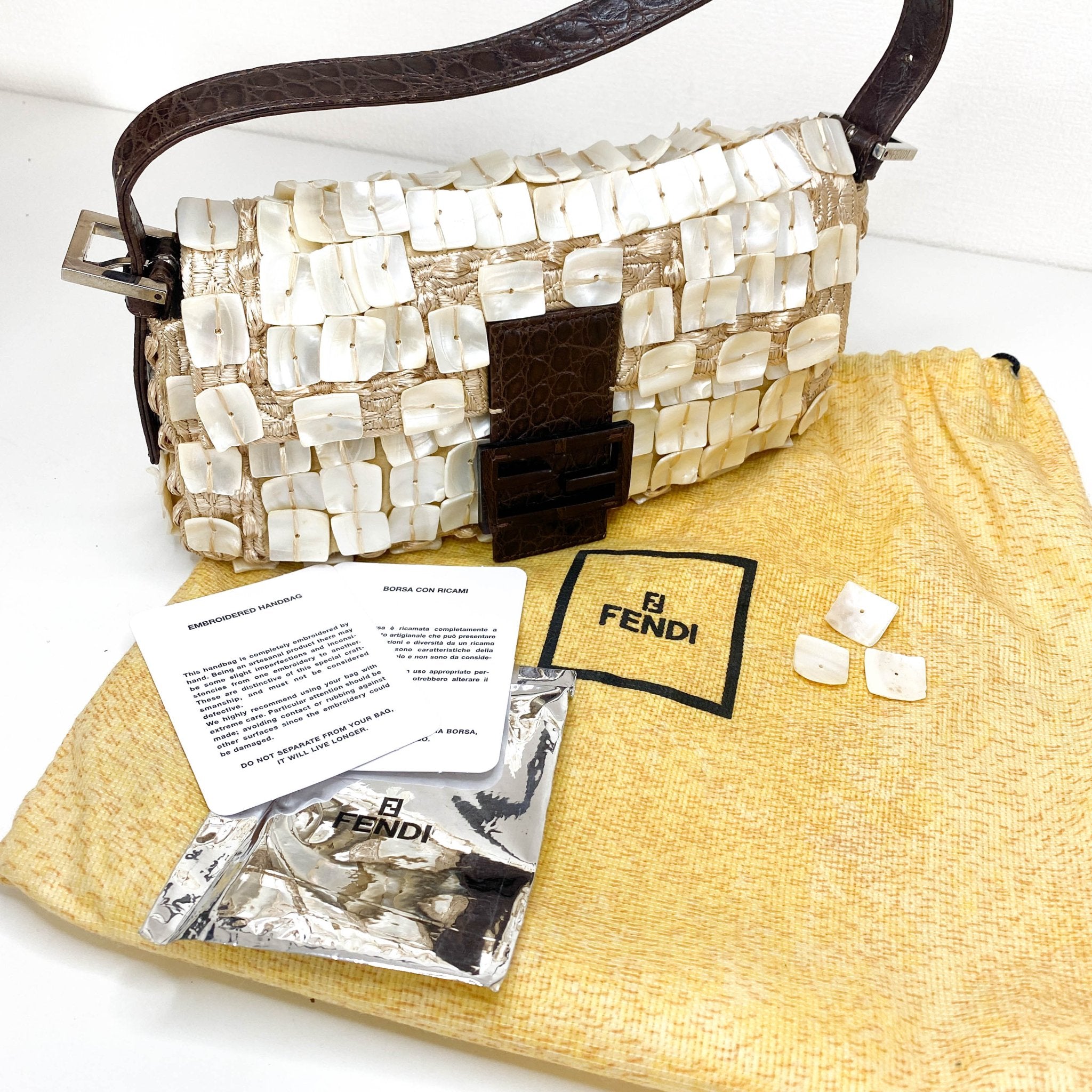 FENDI Mother of Pearl Embellished Satin×Leather Baugette, in , Sold by HIVE PRELOVED - Shoulder Bags, ,