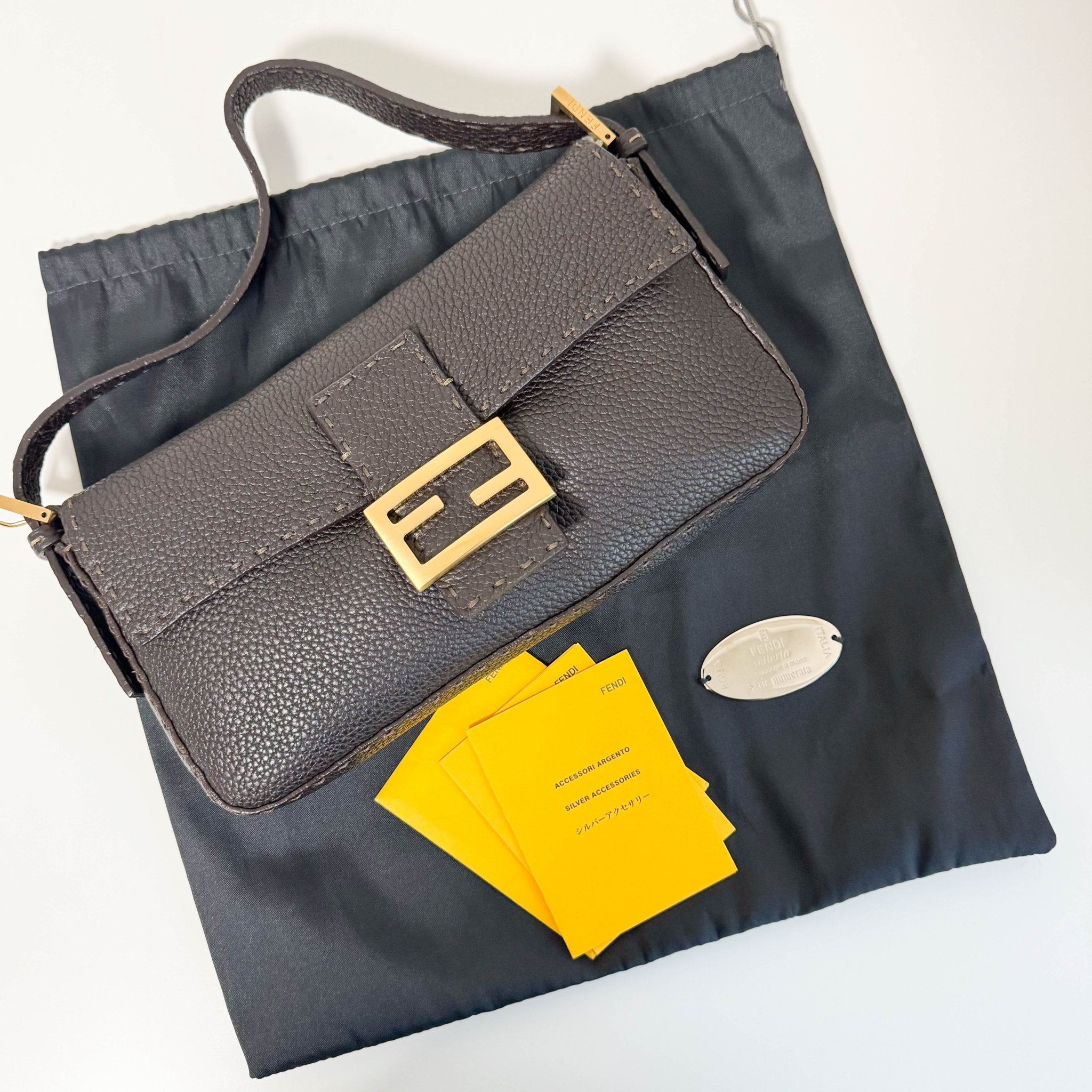 FENDI Selleria Baguette Brown Grain Calfskin Gold Hardware Shoulder Bag, in , Sold by HIVE PRELOVED - Shoulder Bags, ,