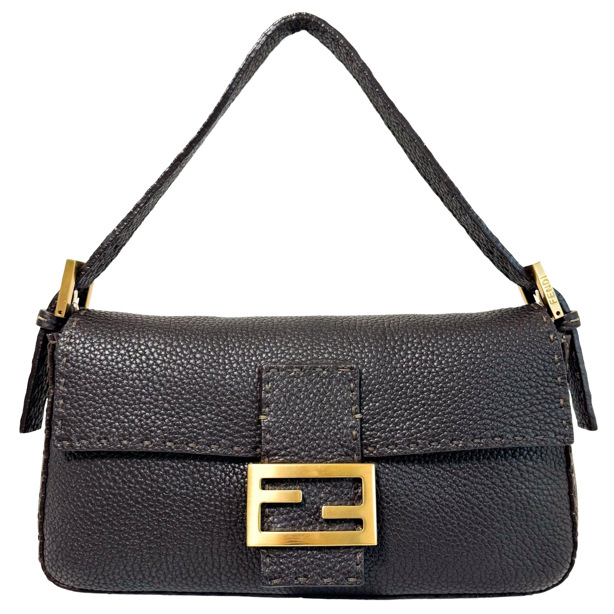 FENDI Selleria Baguette Brown Grain Calfskin Gold Hardware Shoulder Bag, in , Sold by HIVE PRELOVED - Shoulder Bags, ,