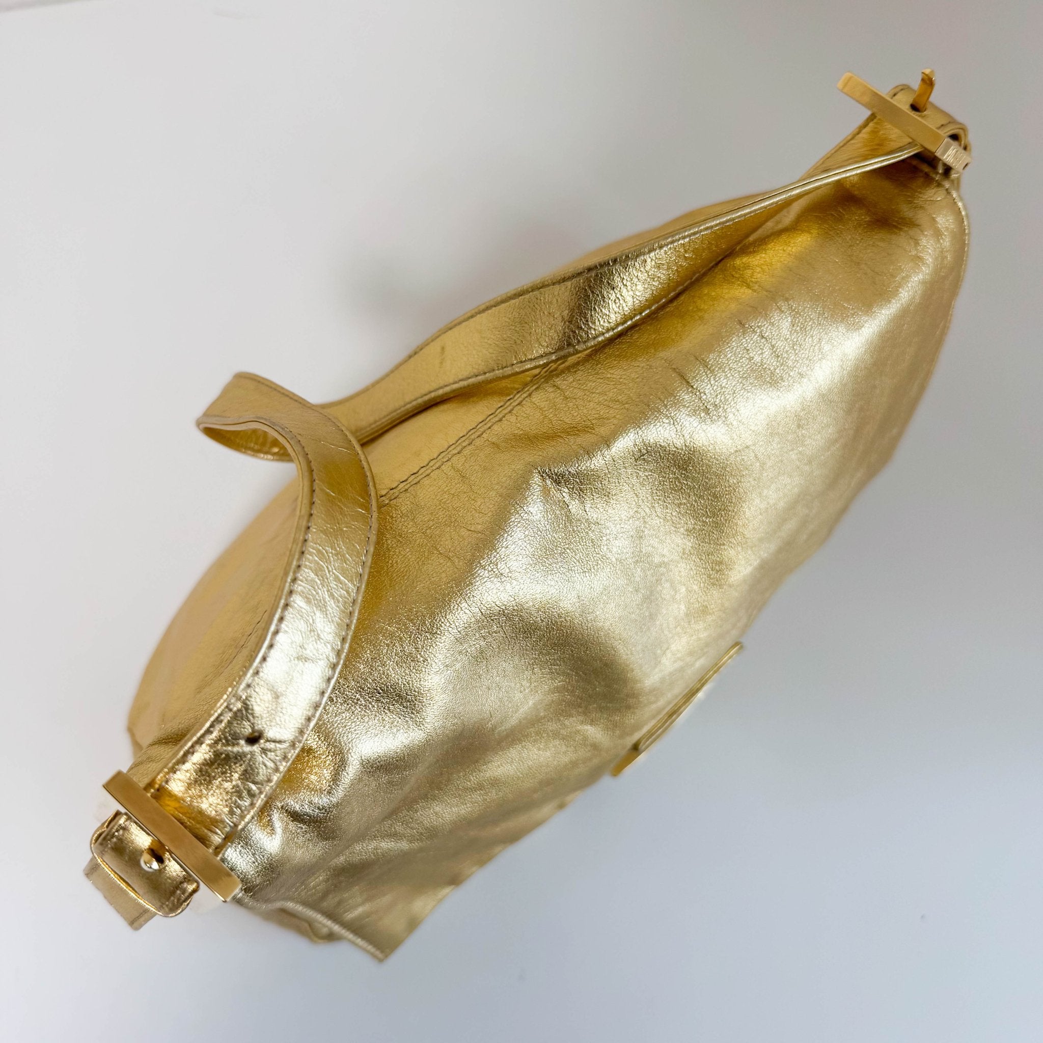 FENDI Vintage Gold Metallic Leather Mamma Baguette with Crystal Clasp, in , Sold by HIVE PRELOVED - Shoulder Bags, ,