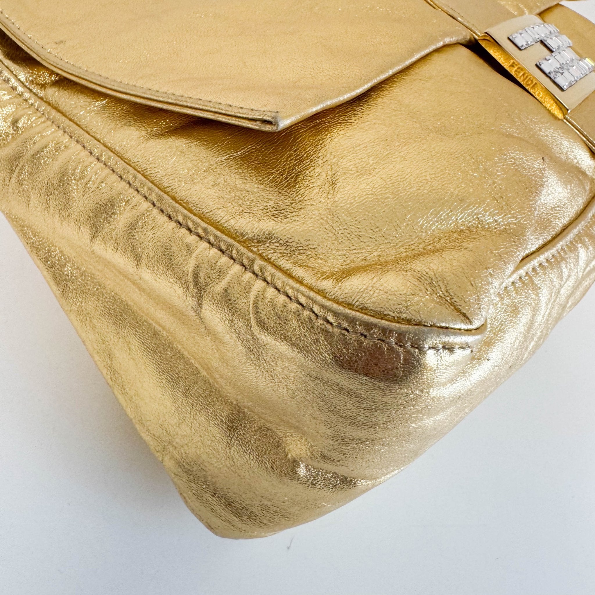 FENDI Vintage Gold Metallic Leather Mamma Baguette with Crystal Clasp, in , Sold by HIVE PRELOVED - Shoulder Bags, ,