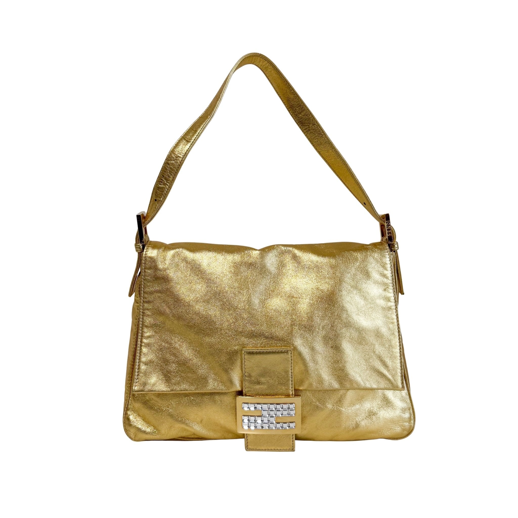 FENDI Vintage Gold Metallic Leather Mamma Baguette with Crystal Clasp, in , Sold by HIVE PRELOVED - Shoulder Bags, ,