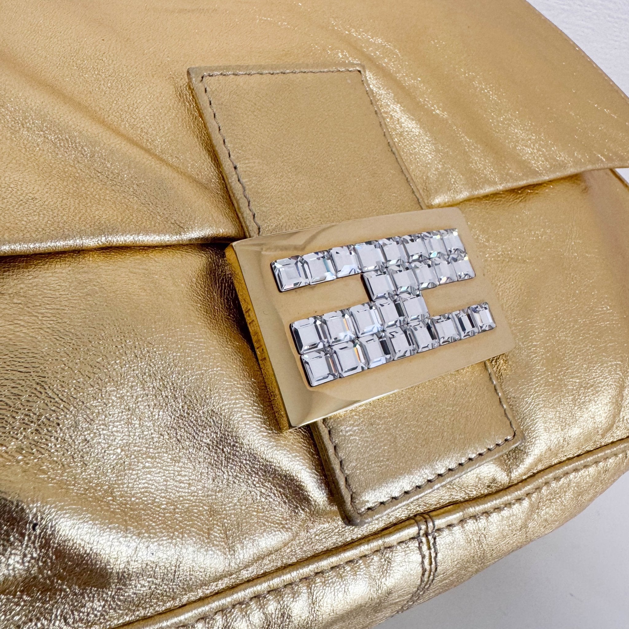FENDI Vintage Gold Metallic Leather Mamma Baguette with Crystal Clasp, in , Sold by HIVE PRELOVED - Shoulder Bags, ,