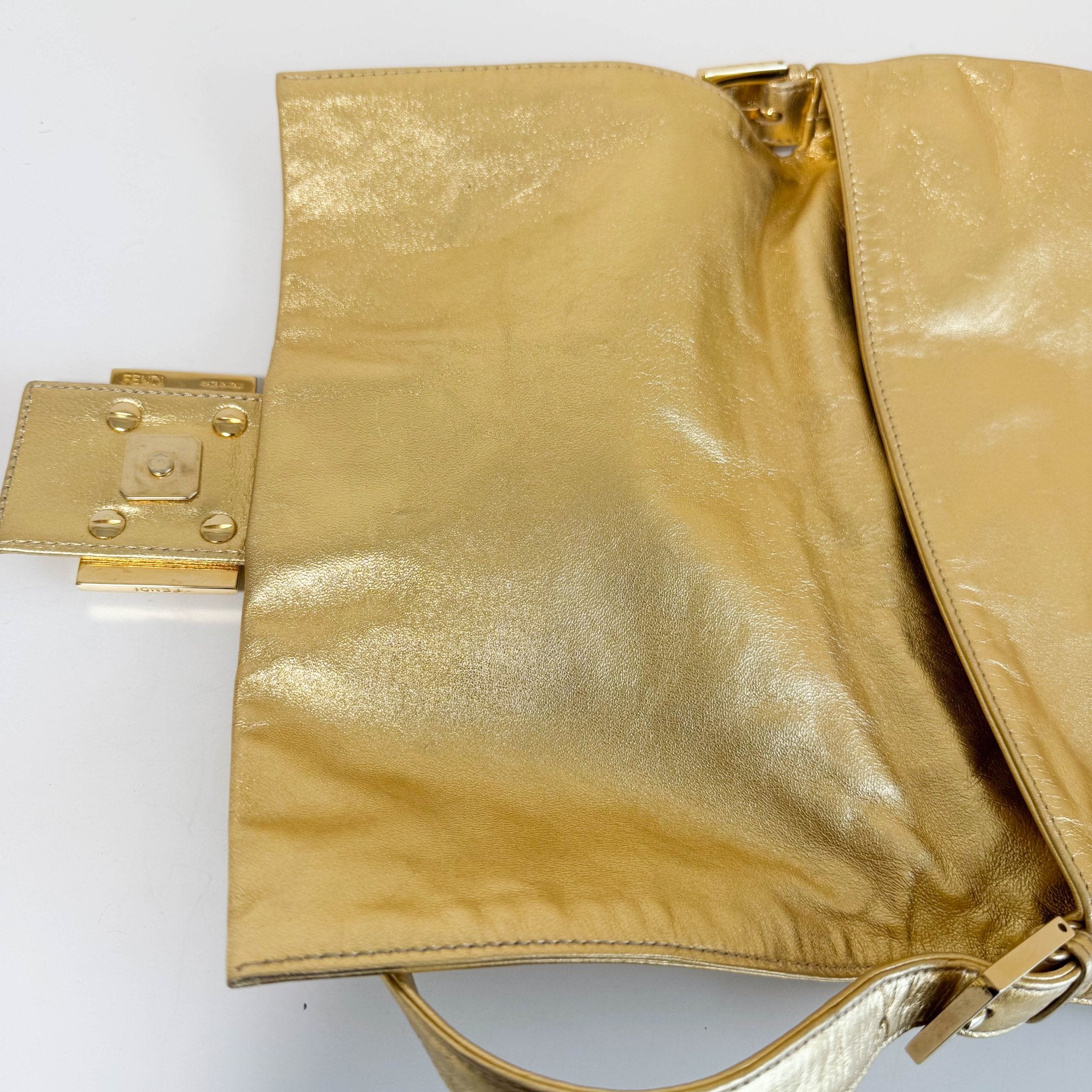 FENDI Vintage Gold Metallic Leather Mamma Baguette with Crystal Clasp, in , Sold by HIVE PRELOVED - Shoulder Bags, ,