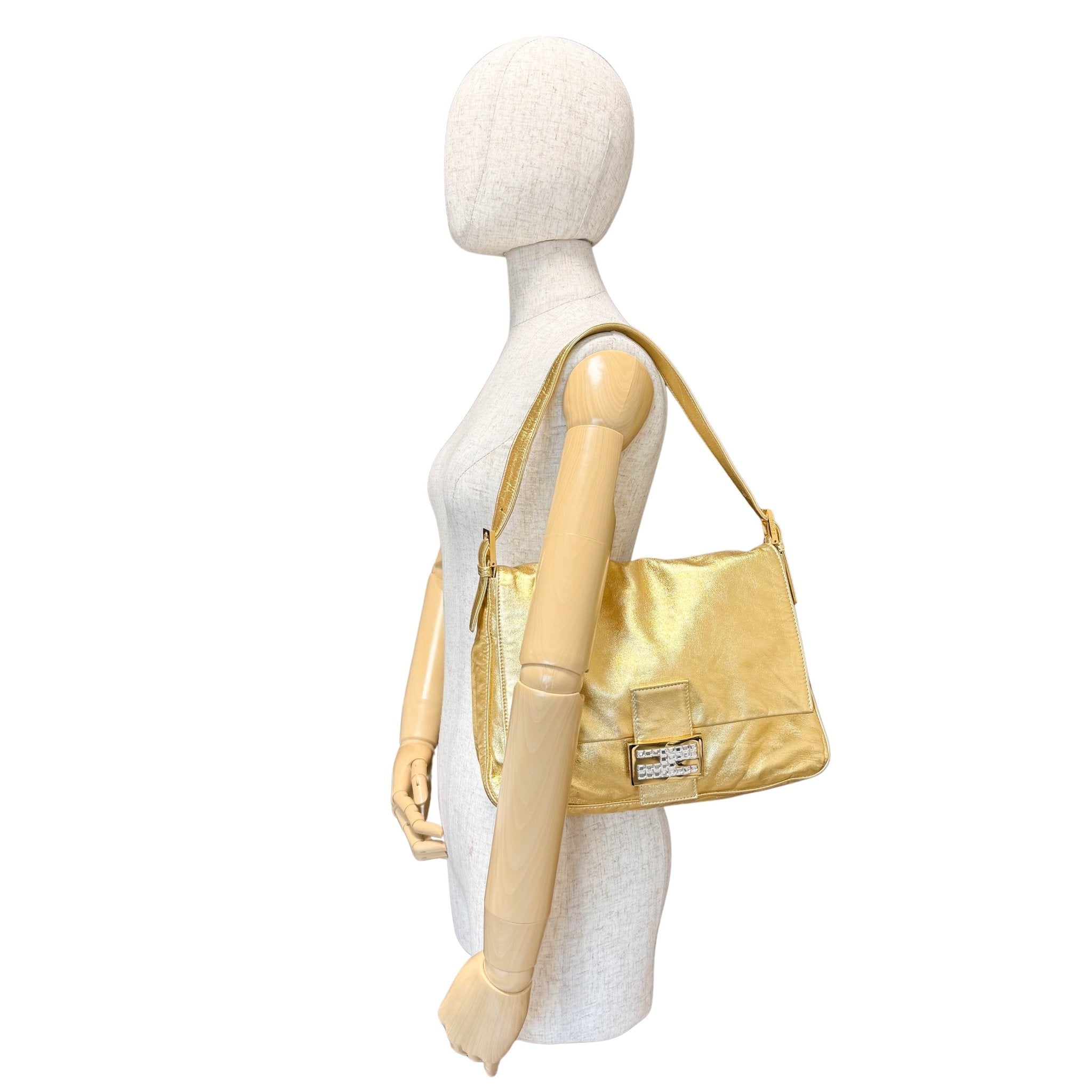 FENDI Vintage Gold Metallic Leather Mamma Baguette with Crystal Clasp, in , Sold by HIVE PRELOVED - Shoulder Bags, ,