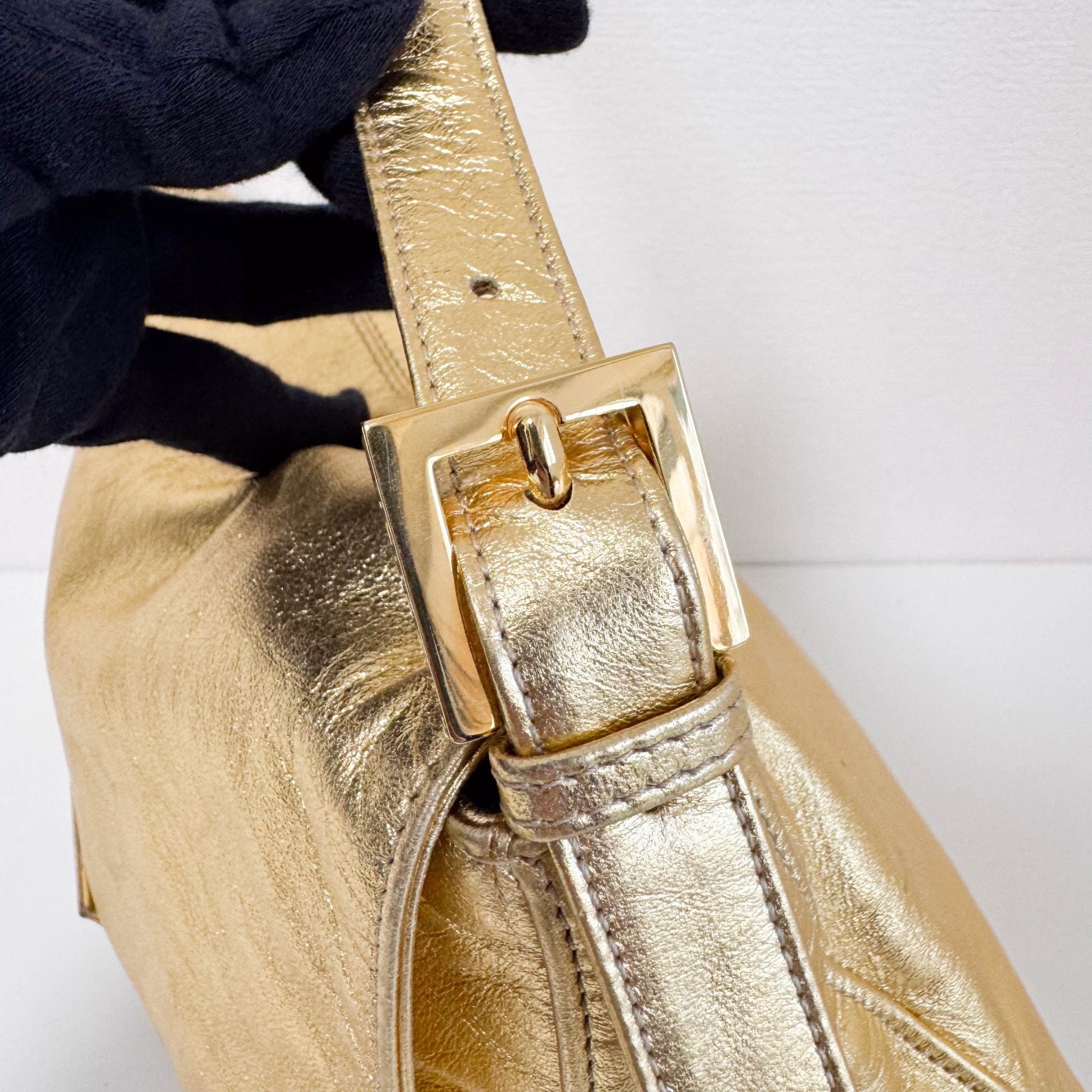 FENDI Vintage Gold Metallic Leather Mamma Baguette with Crystal Clasp, in , Sold by HIVE PRELOVED - Shoulder Bags, ,