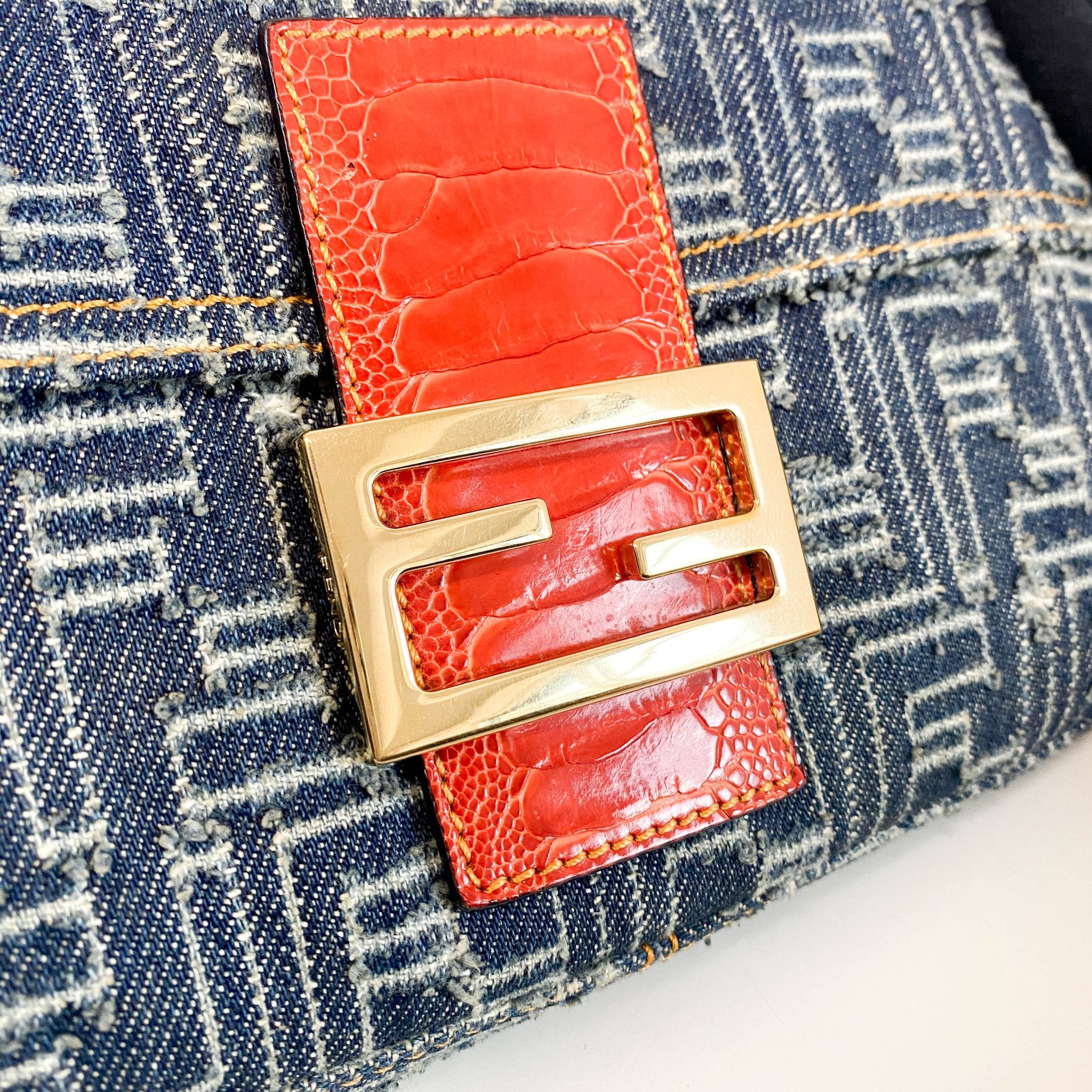 FENDI Zucca Baguette Denim & Orange Buckle Detail Shoulder Bag, in , Sold by HIVE PRELOVED - Shoulder Bags, ,