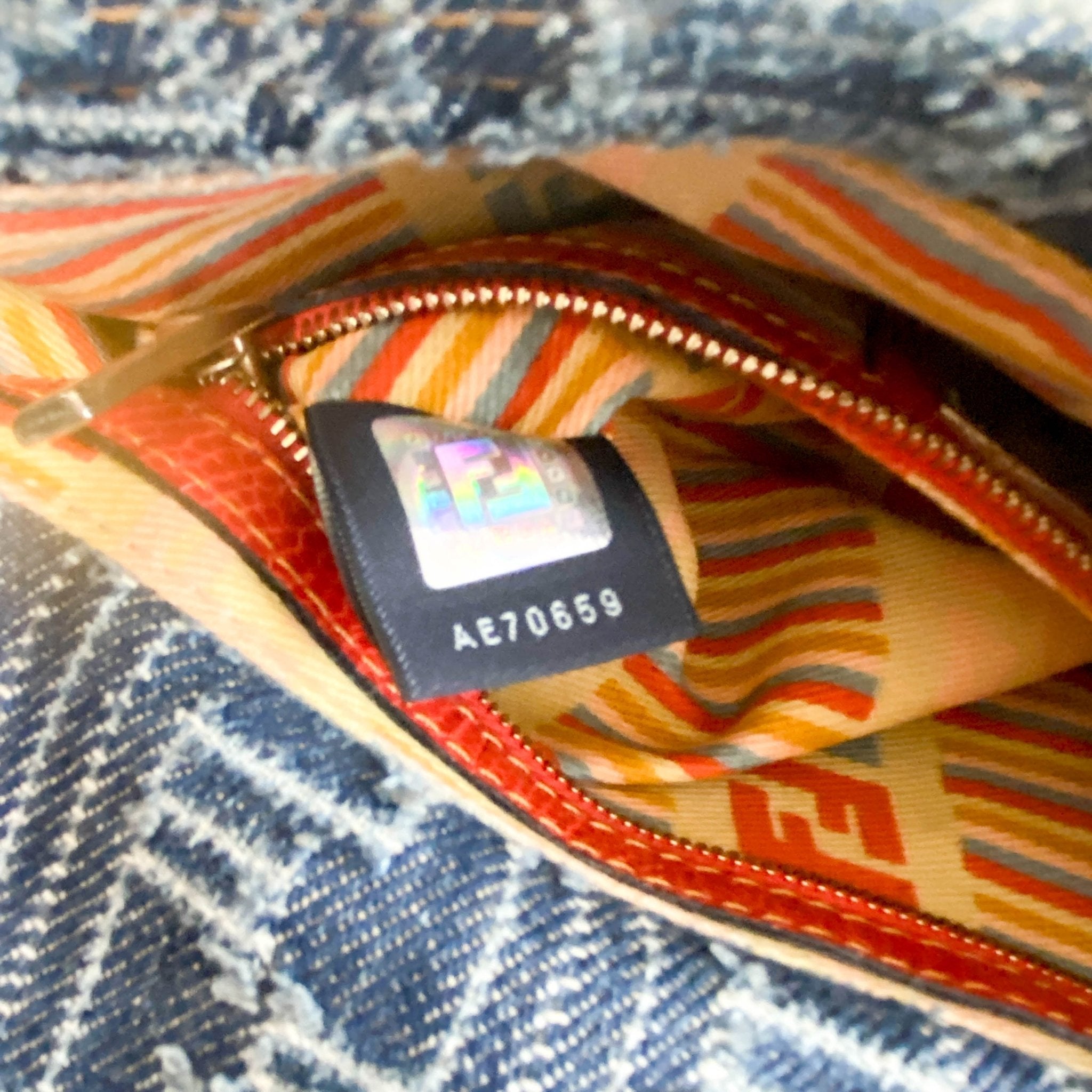 FENDI Zucca Baguette Denim & Orange Buckle Detail Shoulder Bag, in , Sold by HIVE PRELOVED - Shoulder Bags, ,