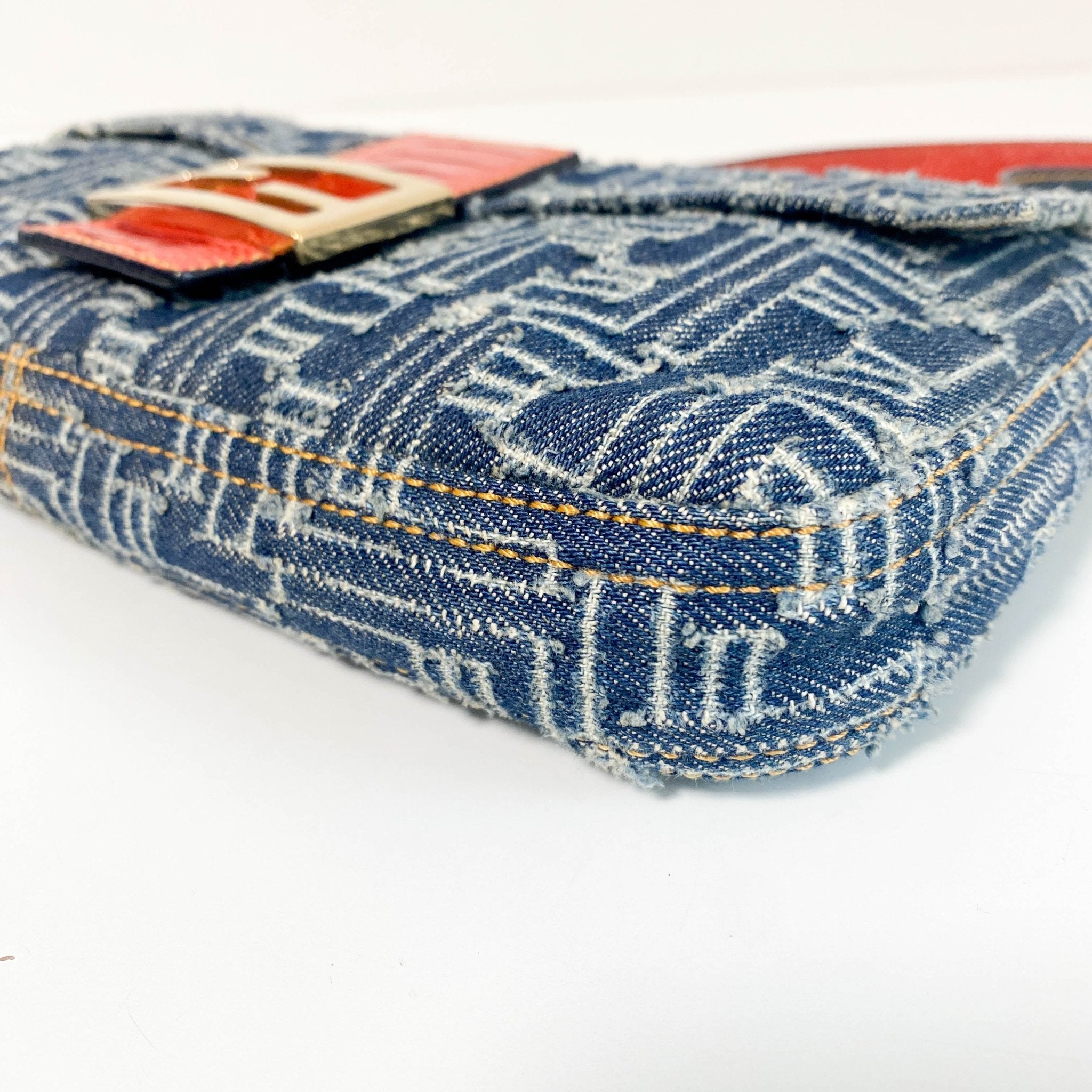 FENDI Zucca Baguette Denim & Orange Buckle Detail Shoulder Bag, in , Sold by HIVE PRELOVED - Shoulder Bags, ,