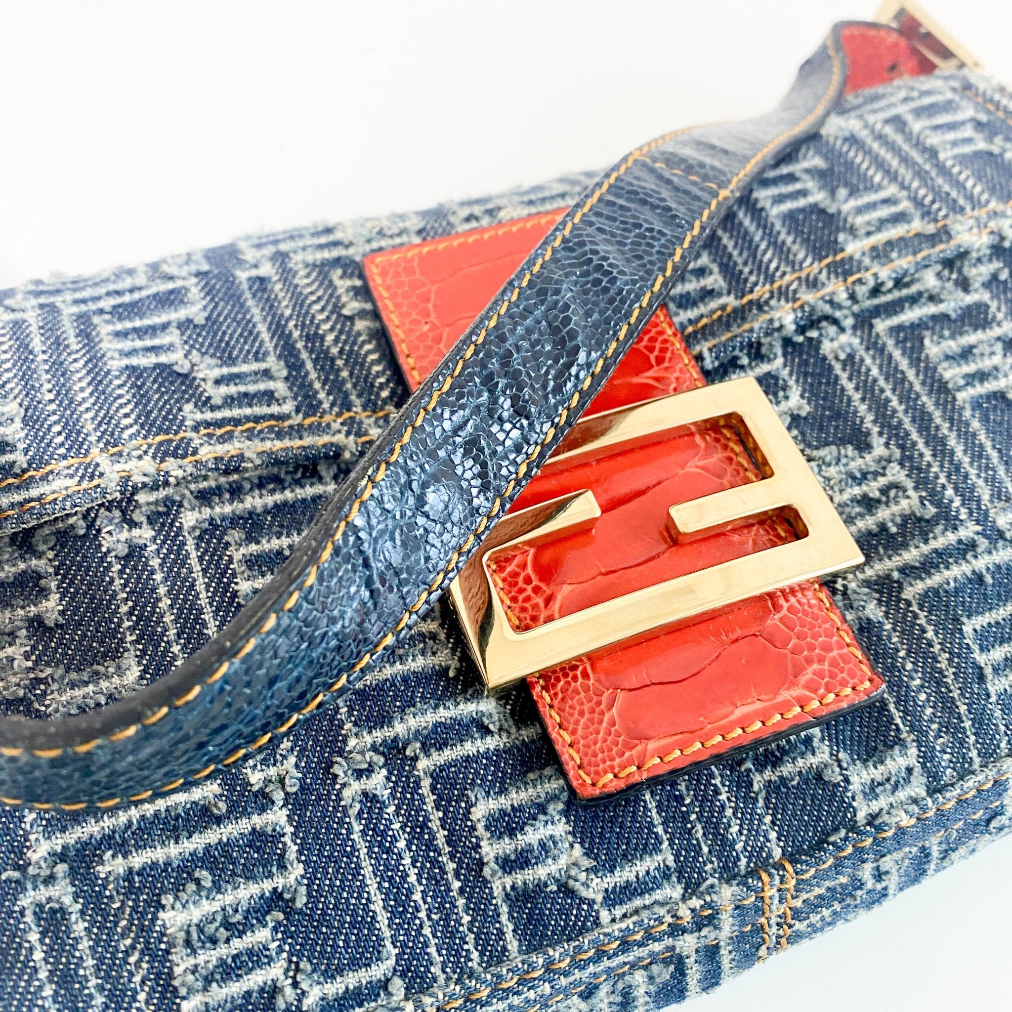 FENDI Zucca Baguette Denim & Orange Buckle Detail Shoulder Bag, in , Sold by HIVE PRELOVED - Shoulder Bags, ,