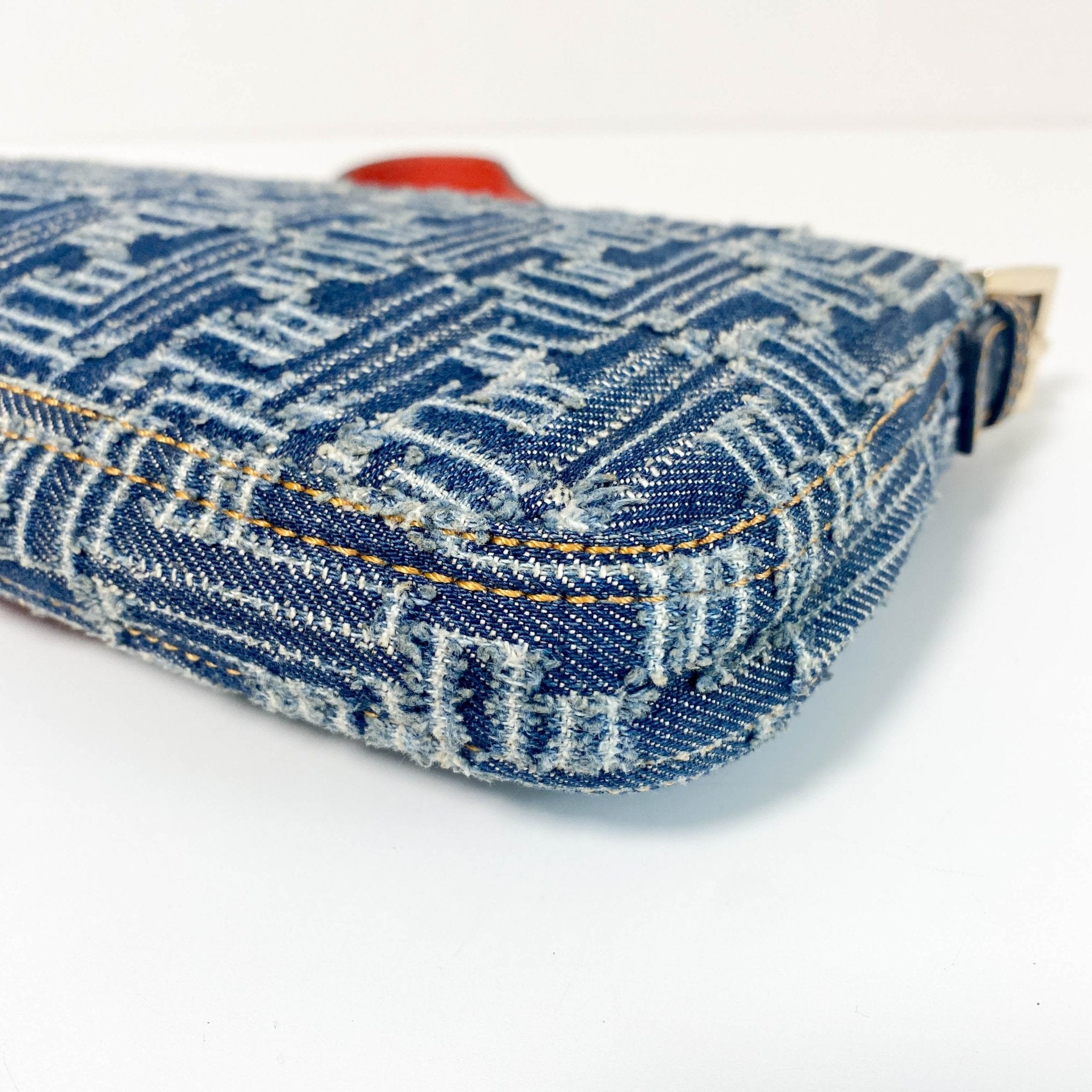 FENDI Zucca Baguette Denim & Orange Buckle Detail Shoulder Bag, in , Sold by HIVE PRELOVED - Shoulder Bags, ,