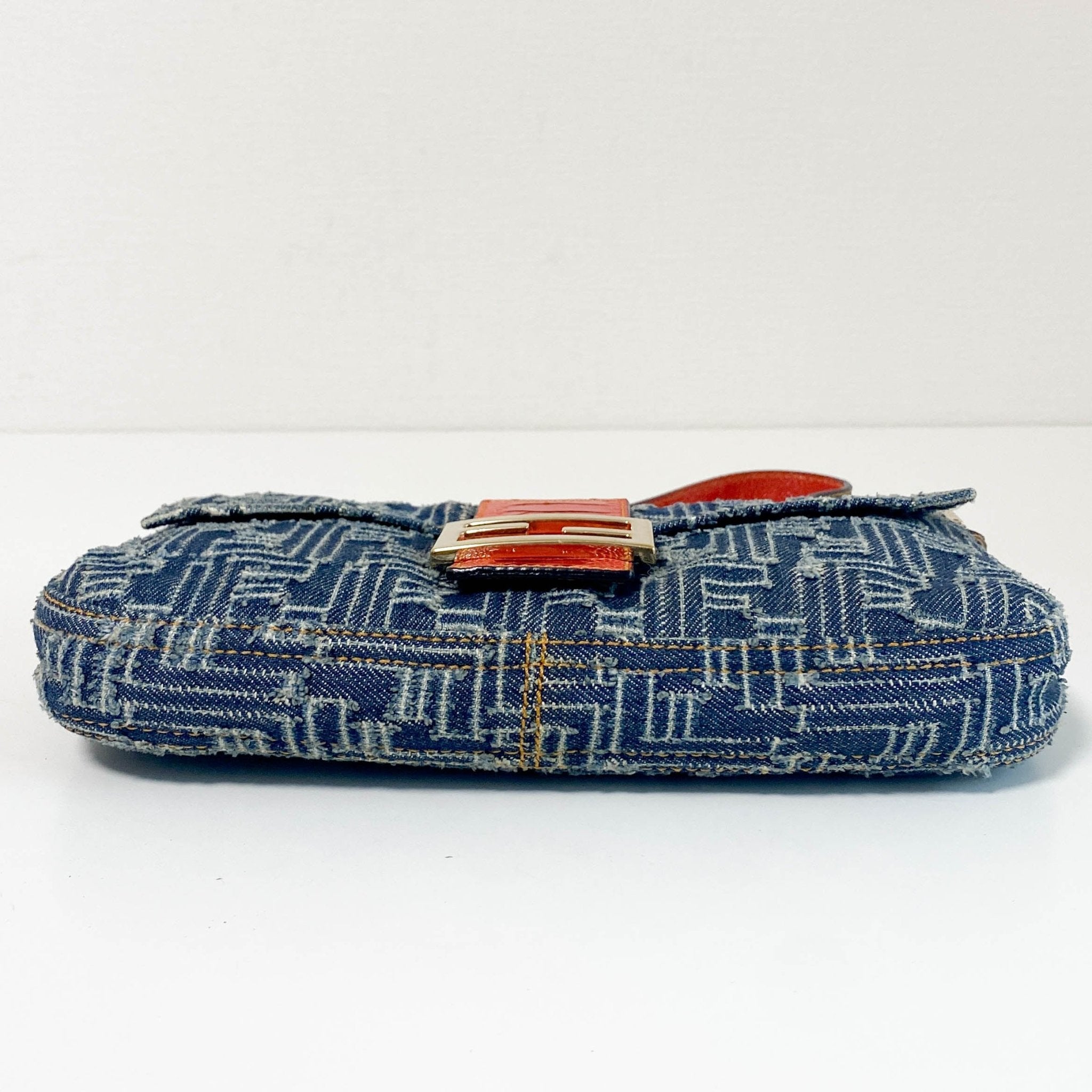 FENDI Zucca Baguette Denim & Orange Buckle Detail Shoulder Bag, in , Sold by HIVE PRELOVED - Shoulder Bags, ,
