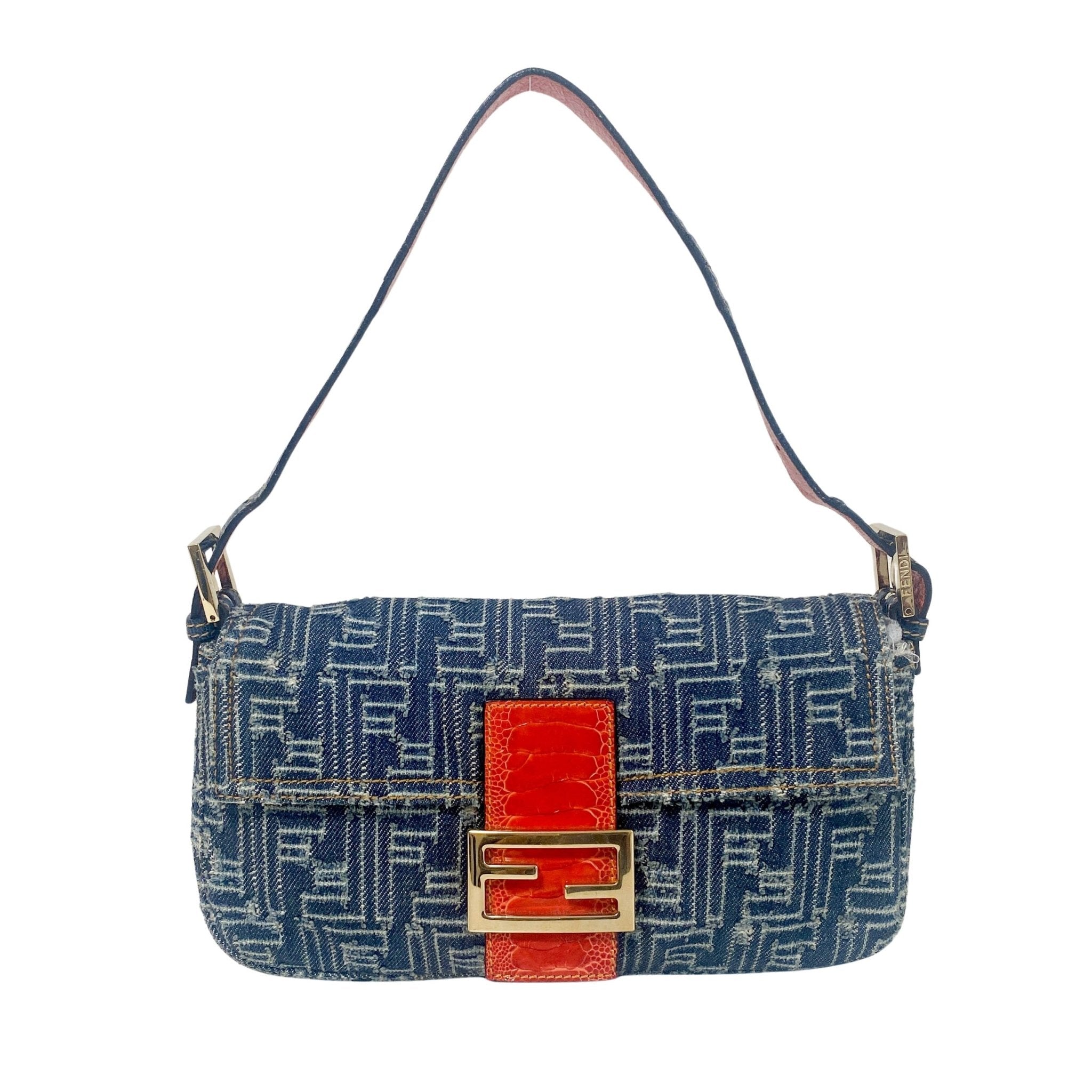 FENDI Zucca Baguette Denim & Orange Buckle Detail Shoulder Bag, in , Sold by HIVE PRELOVED - Shoulder Bags, ,