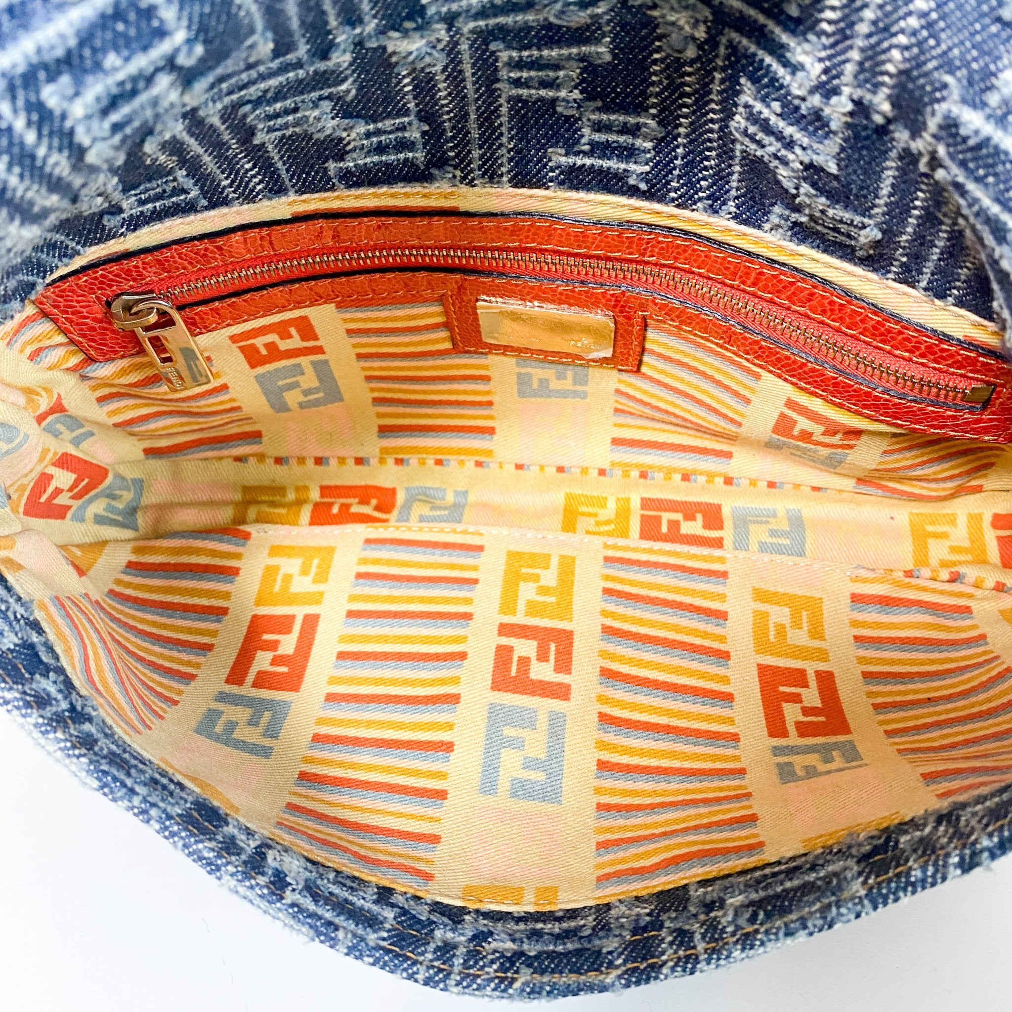 FENDI Zucca Baguette Denim & Orange Buckle Detail Shoulder Bag, in , Sold by HIVE PRELOVED - Shoulder Bags, ,