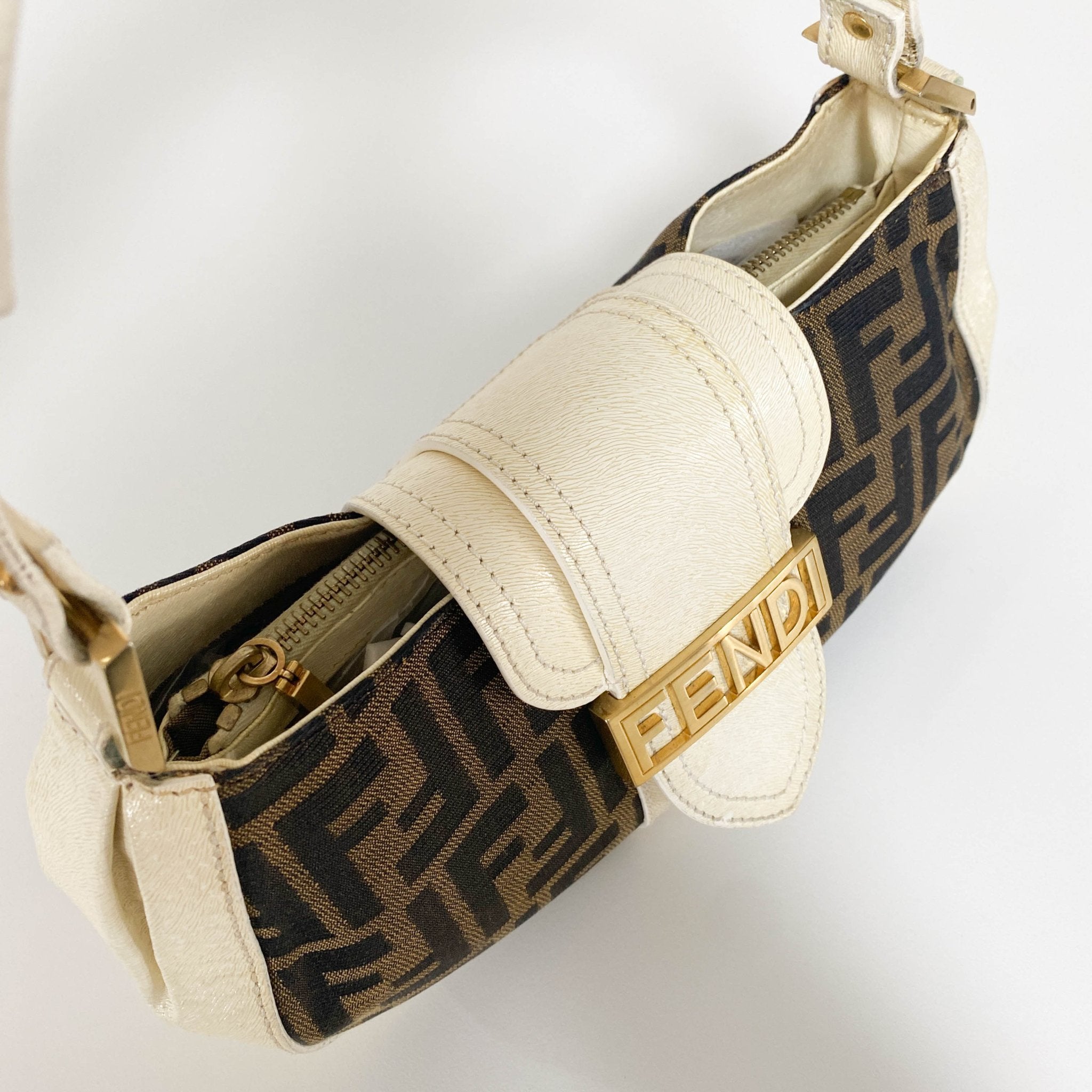 FENDI Zucca / Ivory Leather FENDI Logo Gold Hardware Shoulder Bag, in , Sold by HIVE PRELOVED - Shoulder Bags, ,