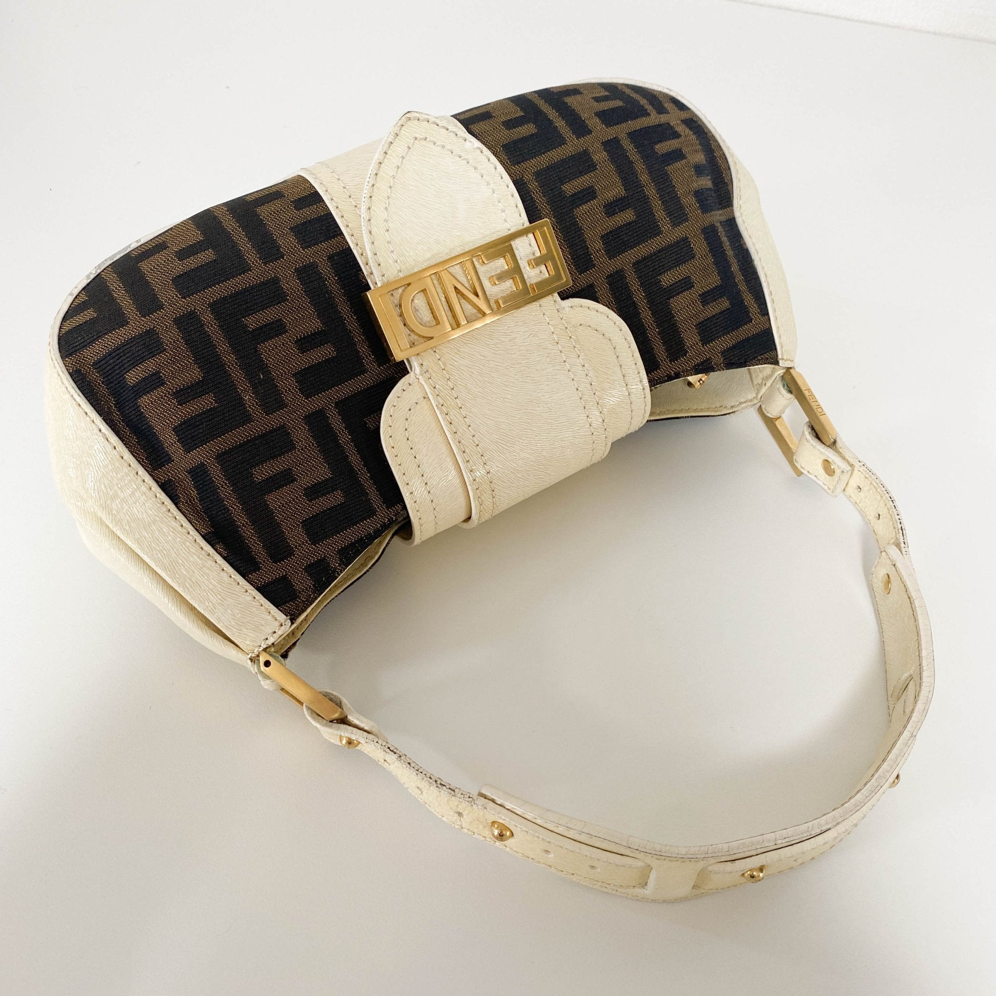 FENDI Zucca / Ivory Leather FENDI Logo Gold Hardware Shoulder Bag, in , Sold by HIVE PRELOVED - Shoulder Bags, ,