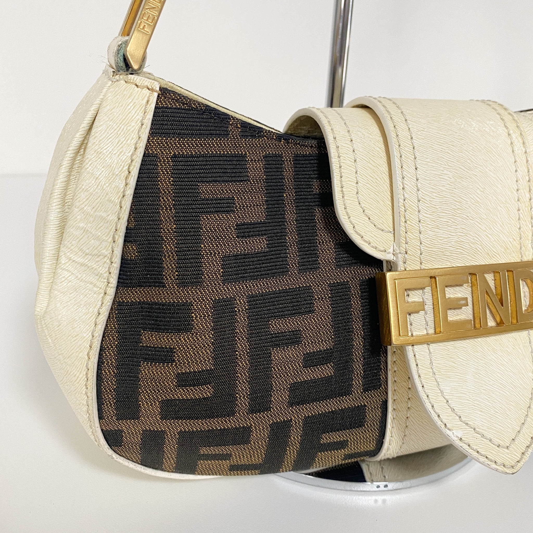 FENDI Zucca / Ivory Leather FENDI Logo Gold Hardware Shoulder Bag, in , Sold by HIVE PRELOVED - Shoulder Bags, ,