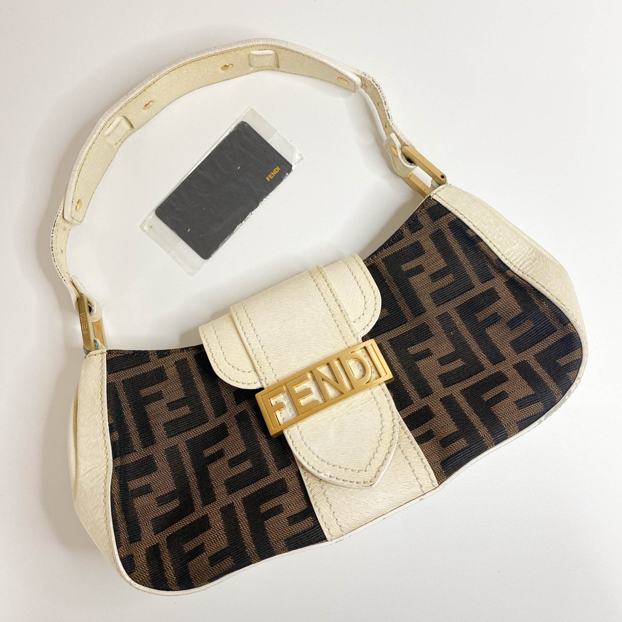 FENDI Zucca / Ivory Leather FENDI Logo Gold Hardware Shoulder Bag, in , Sold by HIVE PRELOVED - Shoulder Bags, ,