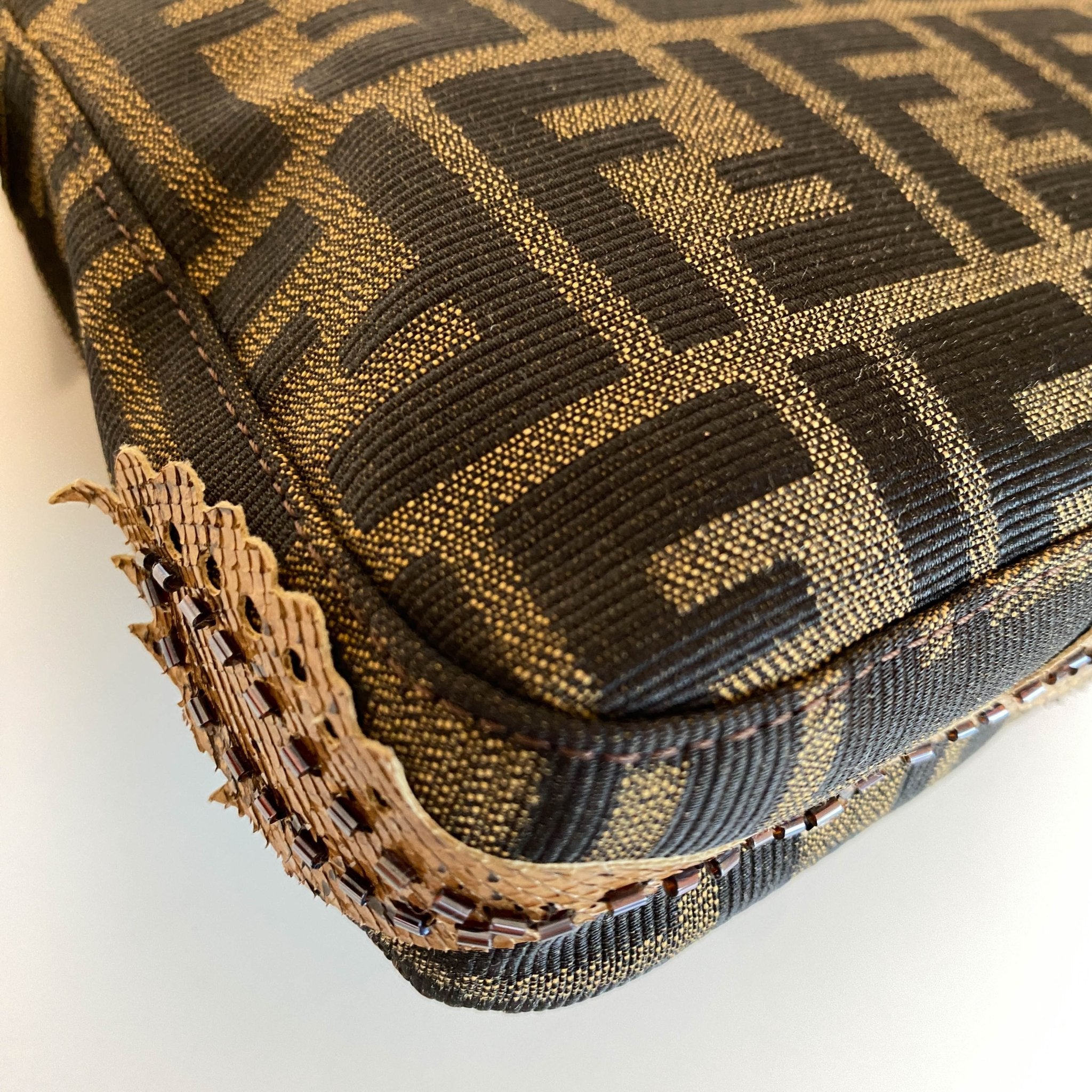 FENDI Zucca with Brown Flower Design Beaded Baguette Shoulder Bag, in , Sold by HIVE PRELOVED - Shoulder Bags, ,