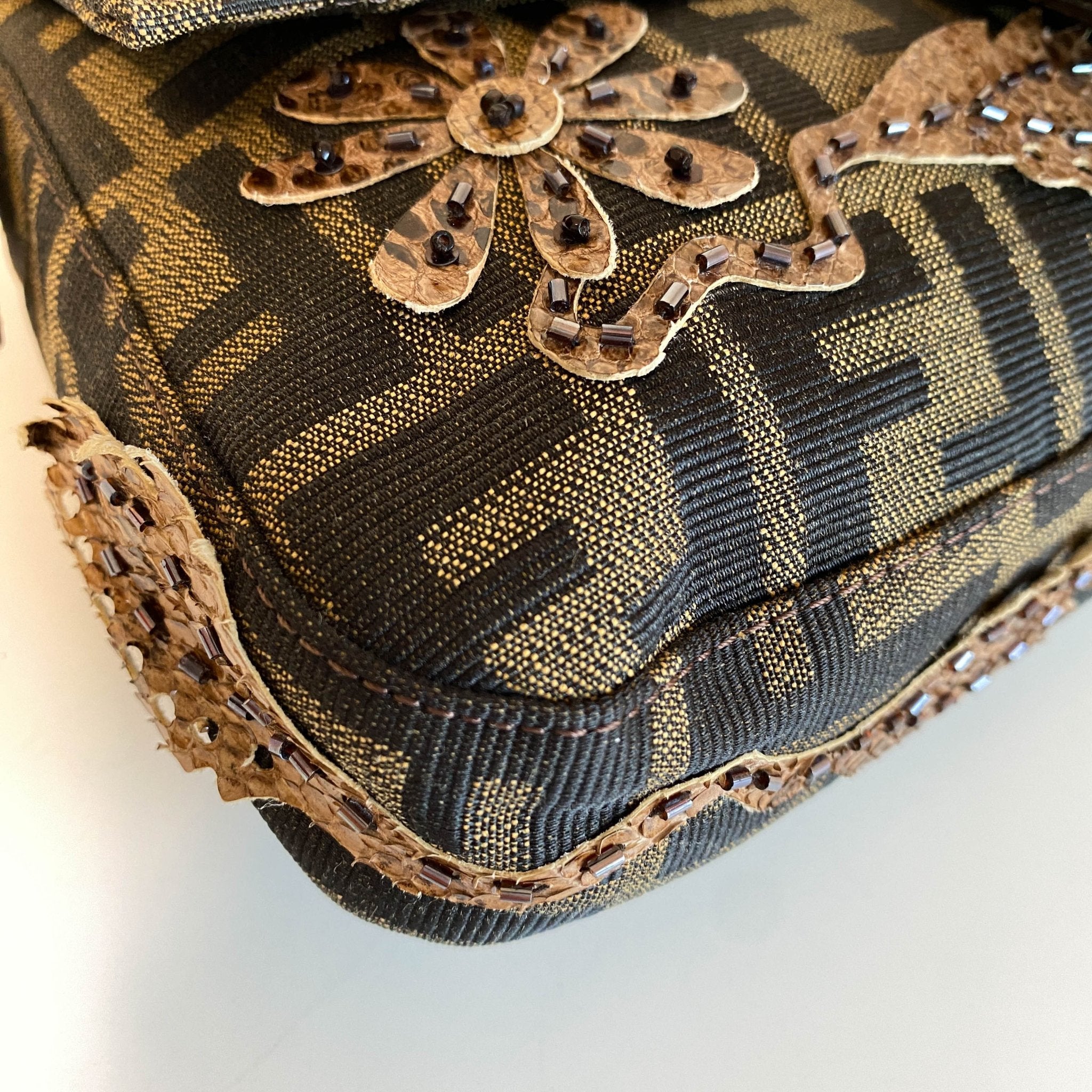 FENDI Zucca with Brown Flower Design Beaded Baguette Shoulder Bag, in , Sold by HIVE PRELOVED - Shoulder Bags, ,