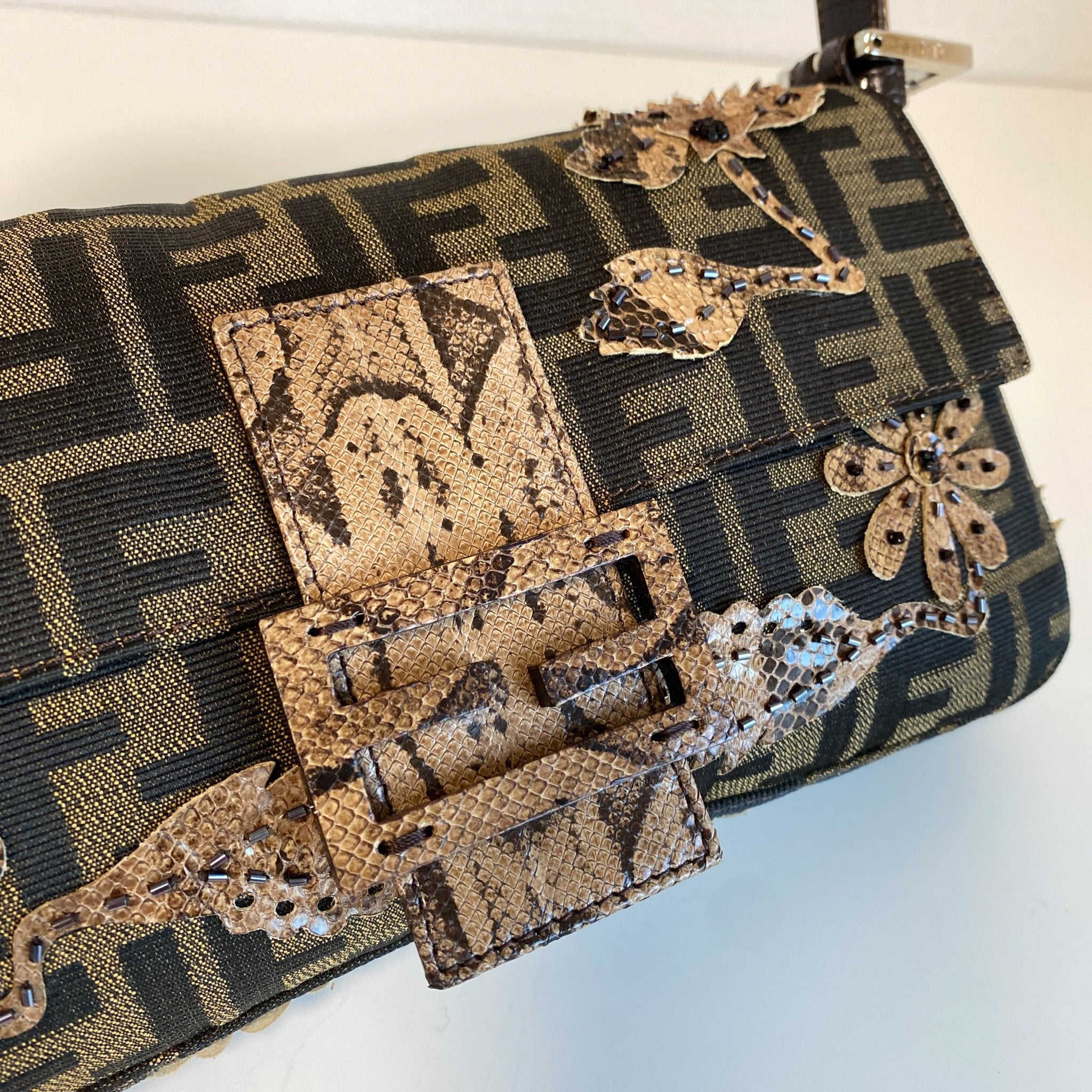 FENDI Zucca with Brown Flower Design Beaded Baguette Shoulder Bag, in , Sold by HIVE PRELOVED - Shoulder Bags, ,