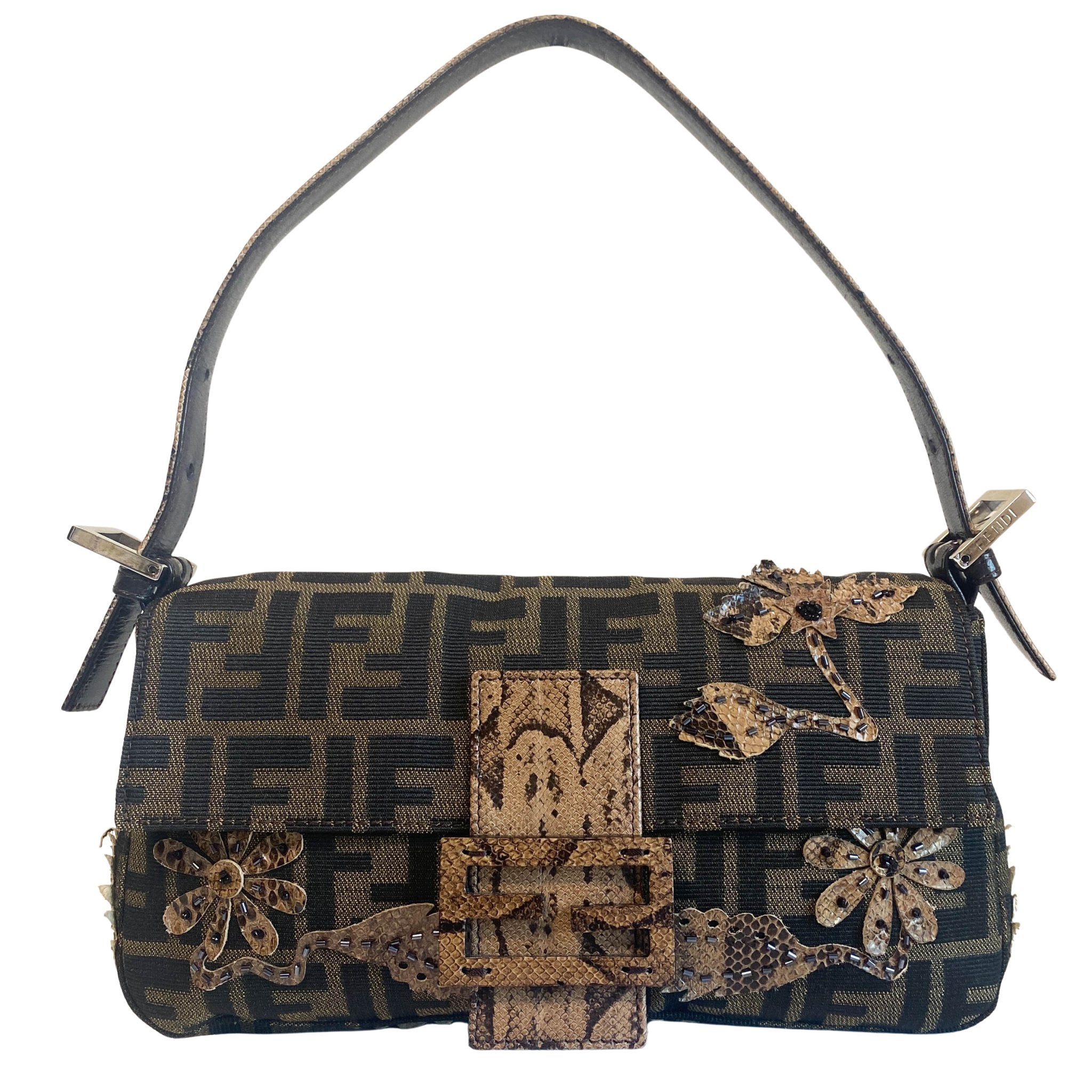 FENDI Zucca with Brown Flower Design Beaded Baguette Shoulder Bag, in , Sold by HIVE PRELOVED - Shoulder Bags, ,