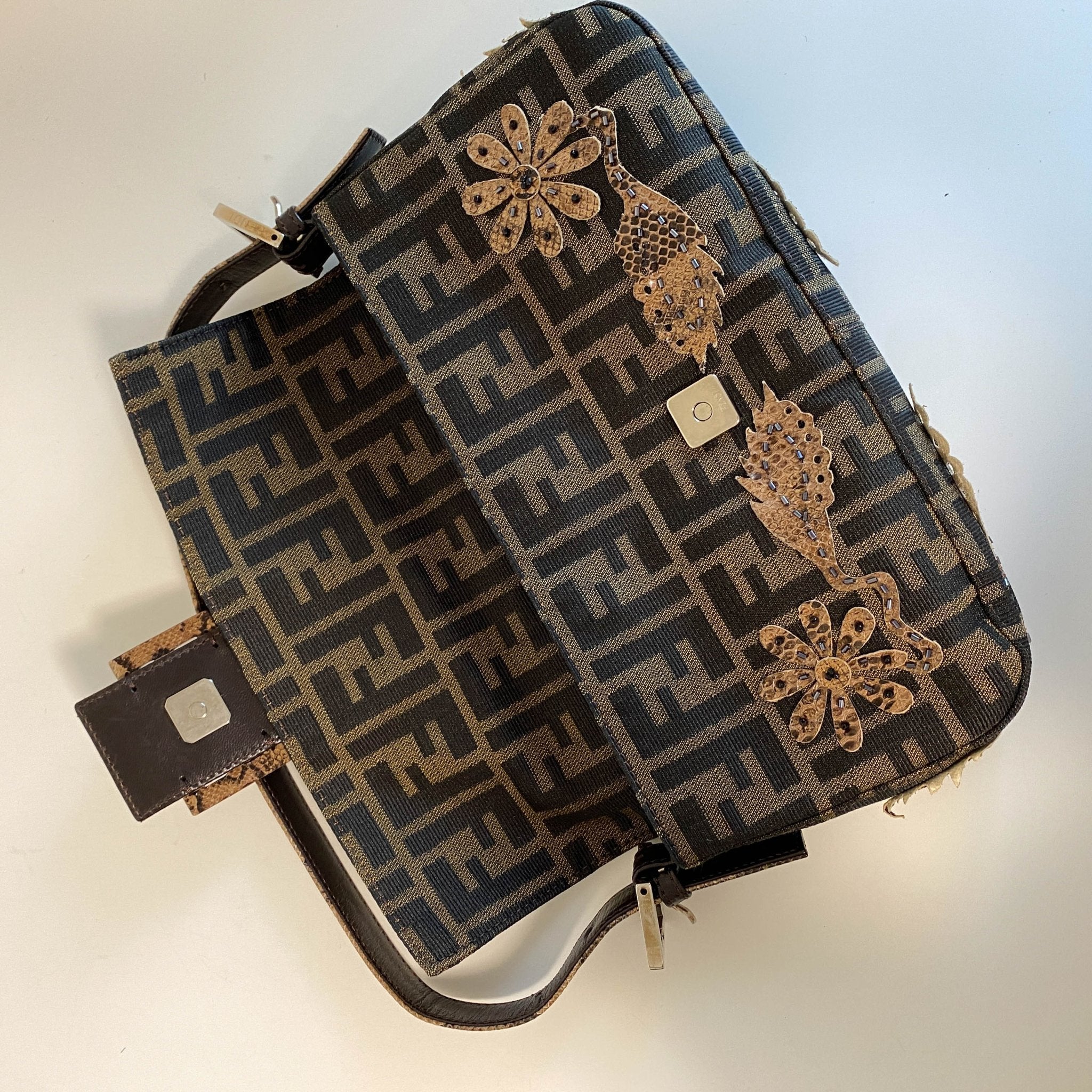 FENDI Zucca with Brown Flower Design Beaded Baguette Shoulder Bag, in , Sold by HIVE PRELOVED - Shoulder Bags, ,