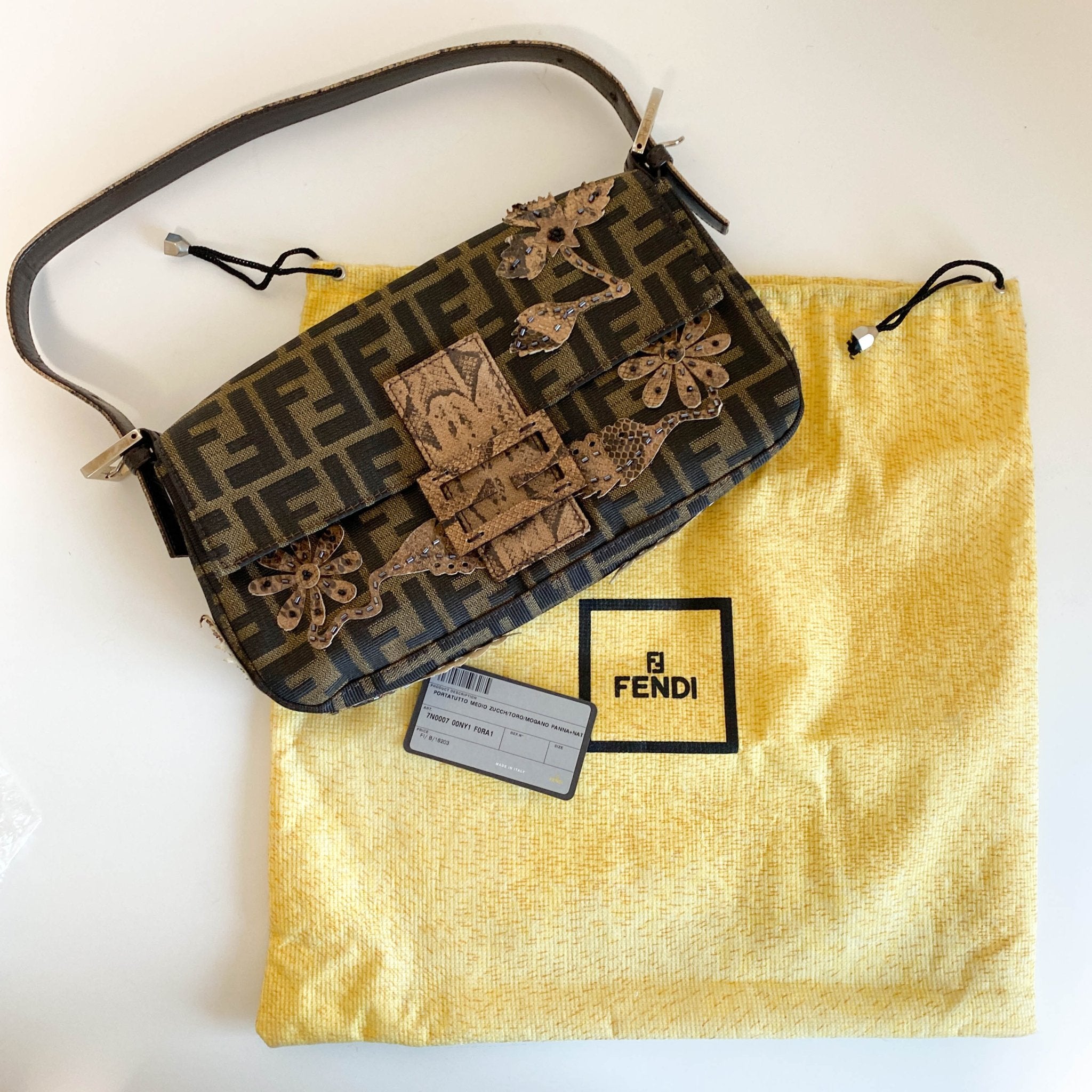 FENDI Zucca with Brown Flower Design Beaded Baguette Shoulder Bag, in , Sold by HIVE PRELOVED - Shoulder Bags, ,