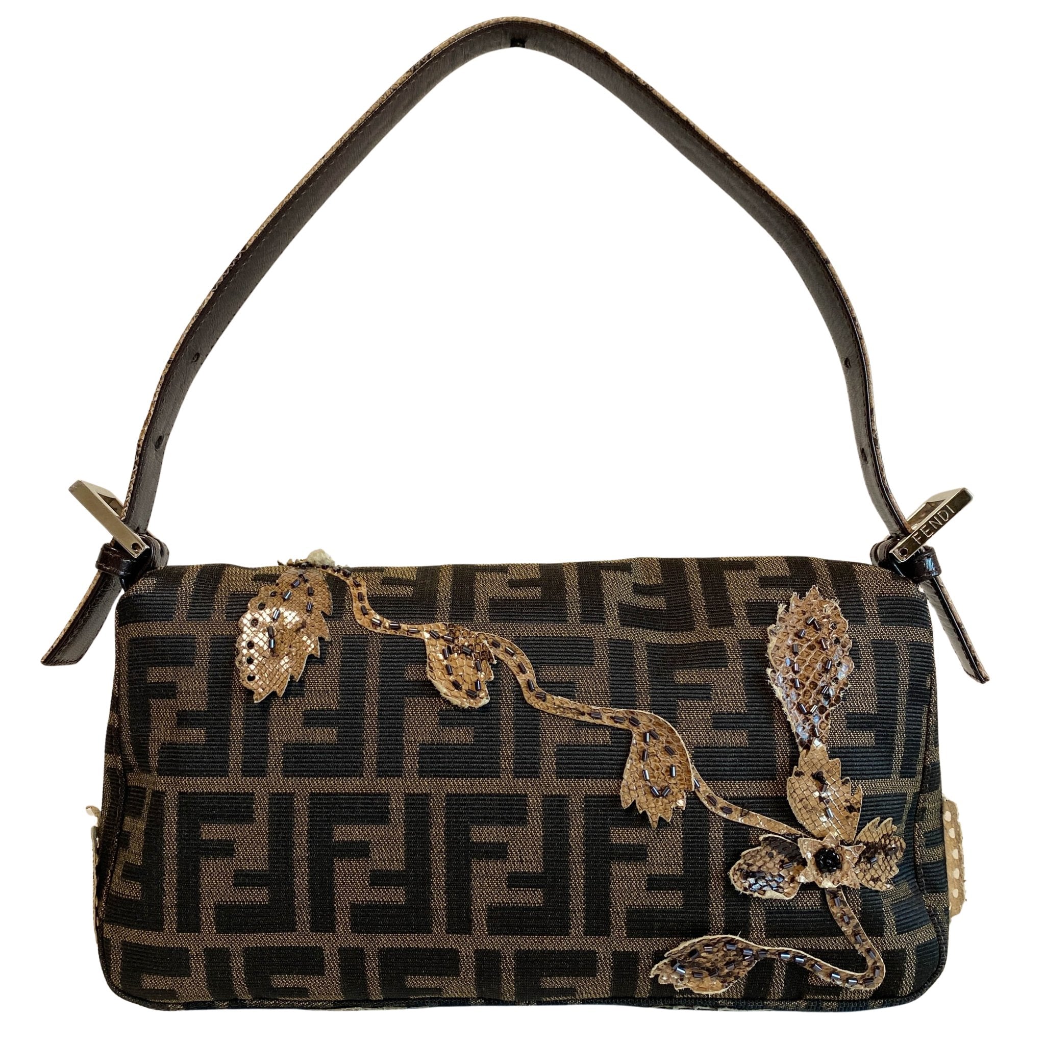 FENDI Zucca with Brown Flower Design Beaded Baguette Shoulder Bag, in , Sold by HIVE PRELOVED - Shoulder Bags, ,