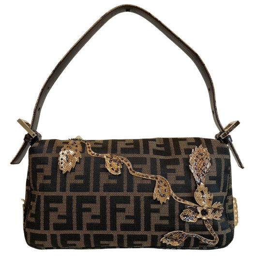 FENDI Zucca with Brown Flower Design Beaded Baguette Shoulder Bag, in , Sold by HIVE PRELOVED - Shoulder Bags, ,