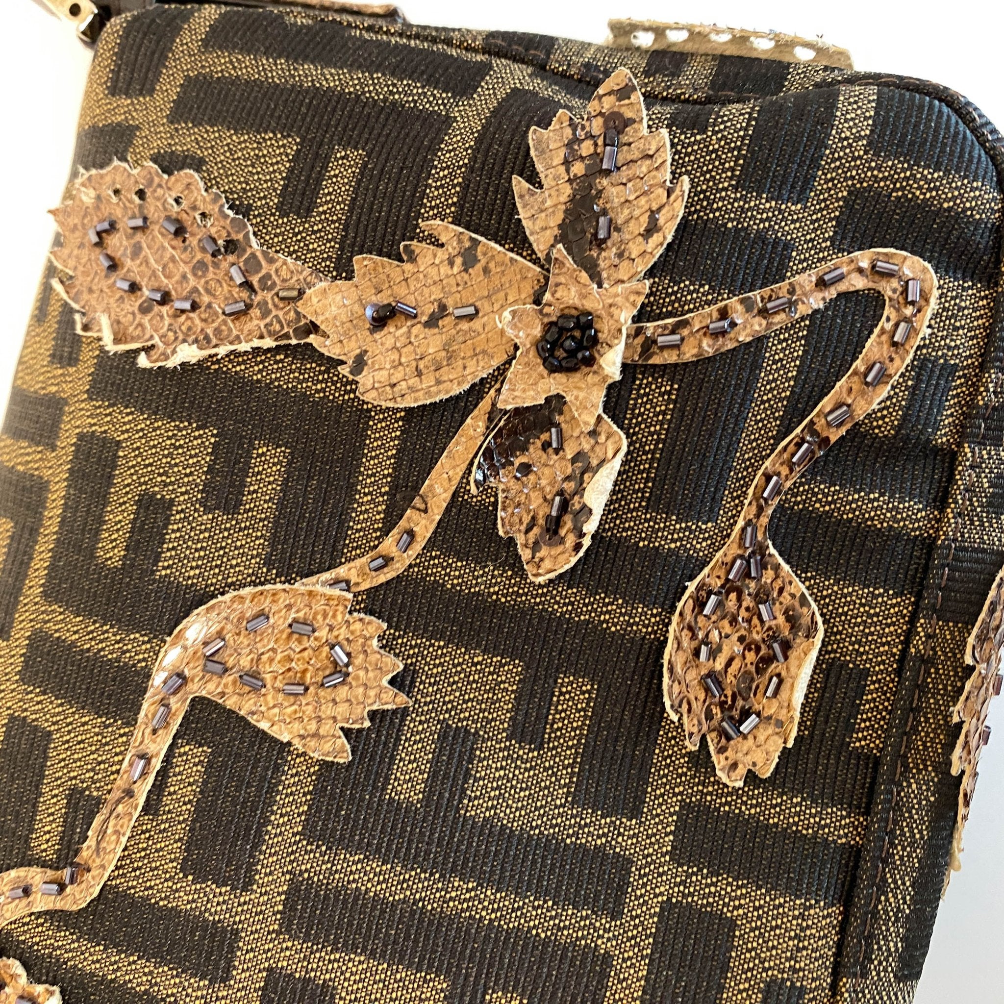FENDI Zucca with Brown Flower Design Beaded Baguette Shoulder Bag, in , Sold by HIVE PRELOVED - Shoulder Bags, ,