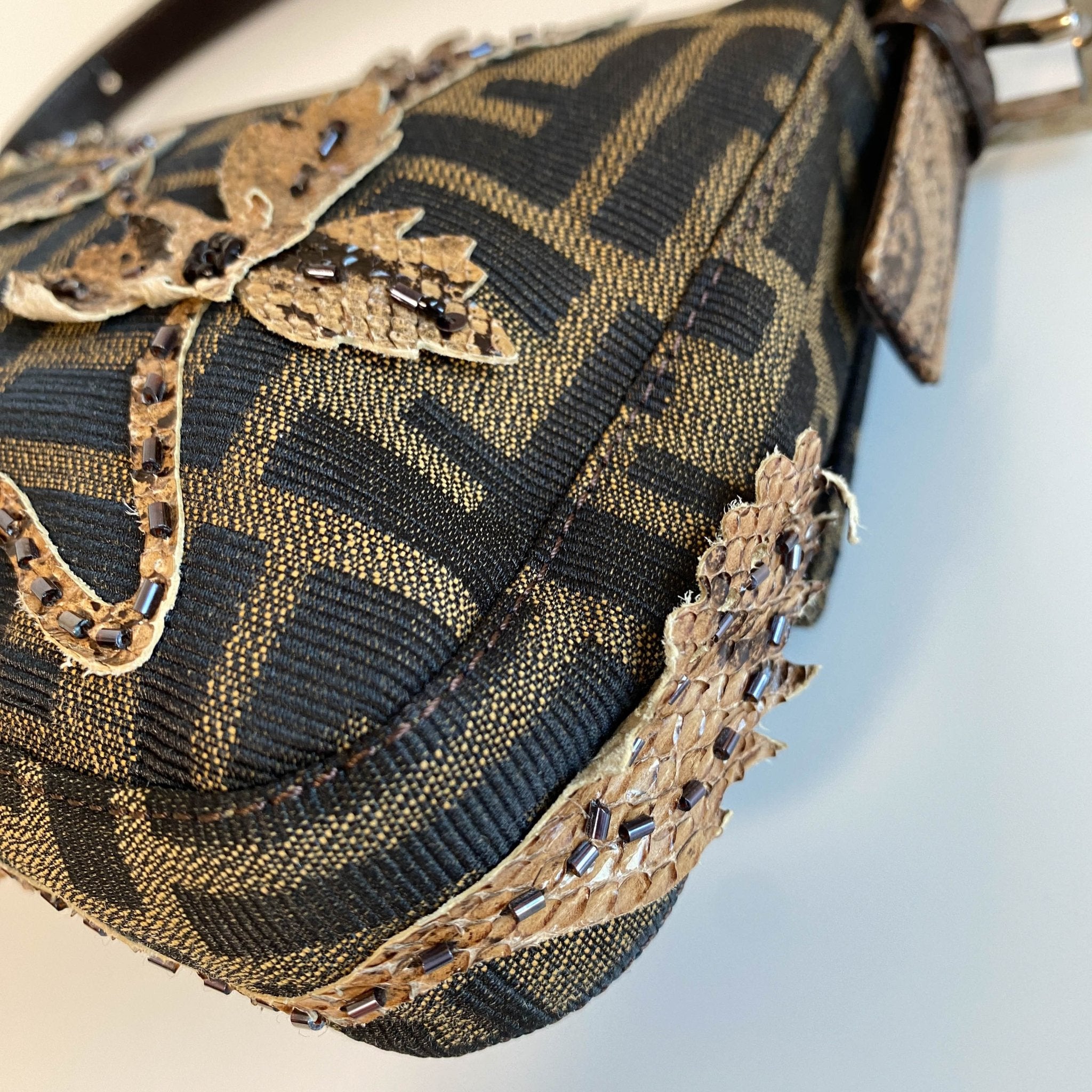 FENDI Zucca with Brown Flower Design Beaded Baguette Shoulder Bag, in , Sold by HIVE PRELOVED - Shoulder Bags, ,