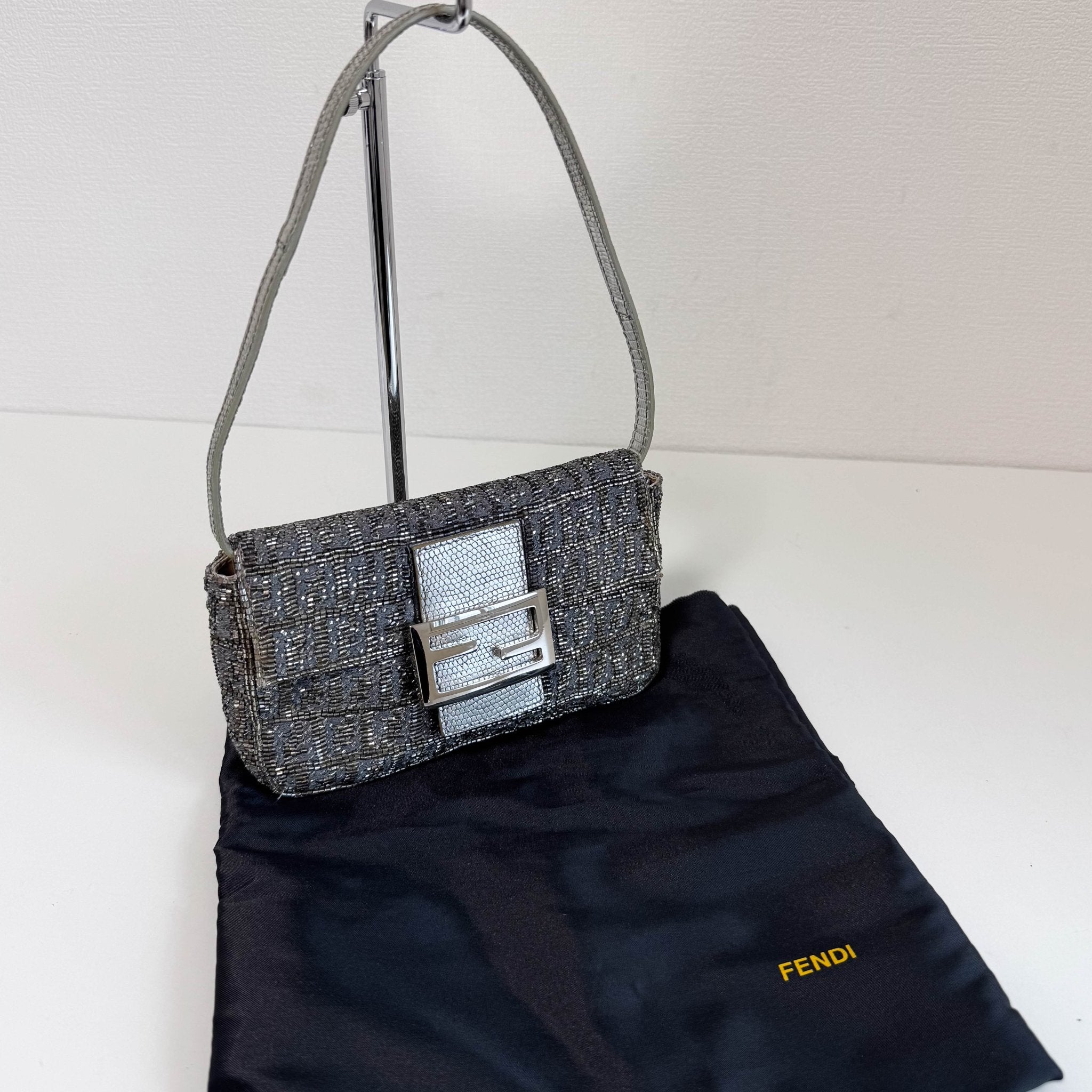 FENDI Zuccino Beaded Silver Baguette Mini Shoulder Bag, in , Sold by HIVE PRELOVED - Handle Bags, Mini bags,