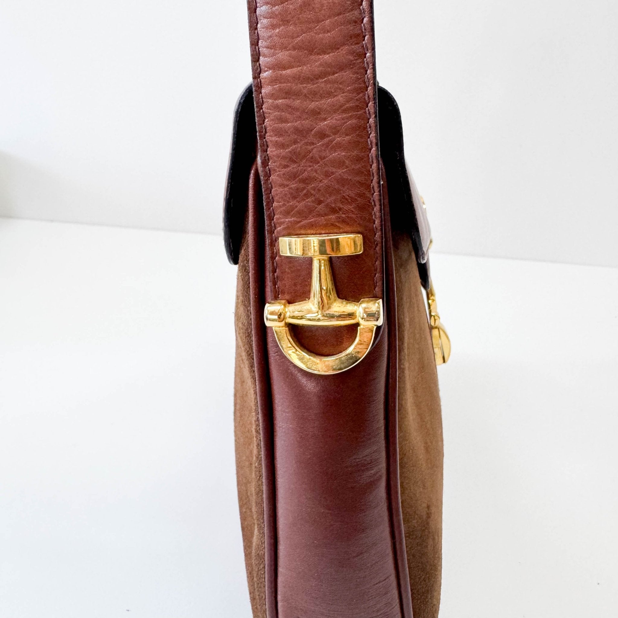 GUCCI Brown Suede Half Horsebit Detail G Crest Shoulder Bag, in , Sold by HIVE PRELOVED - Shoulder Bags, ,