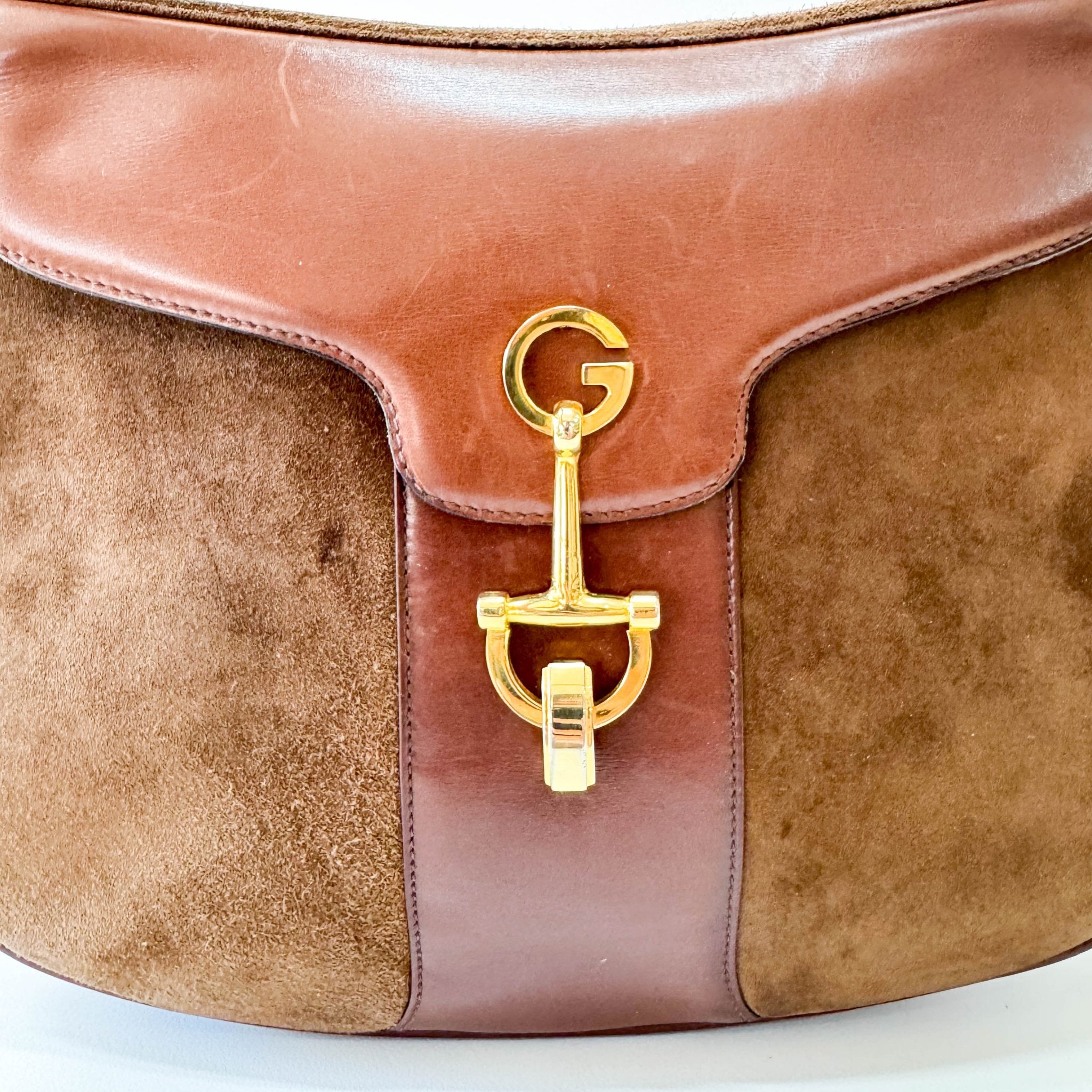 GUCCI Brown Suede Half Horsebit Detail G Crest Shoulder Bag, in , Sold by HIVE PRELOVED - Shoulder Bags, ,