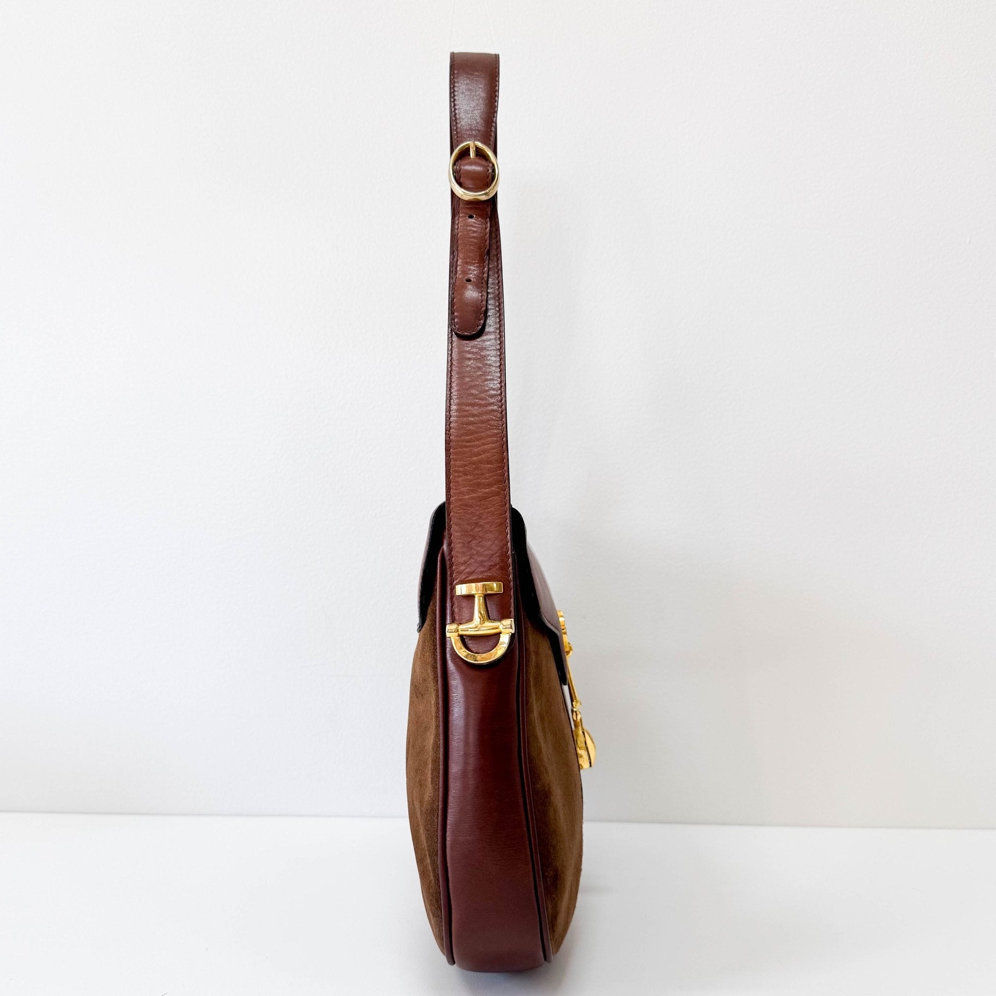 GUCCI Brown Suede Half Horsebit Detail G Crest Shoulder Bag, in , Sold by HIVE PRELOVED - Shoulder Bags, ,