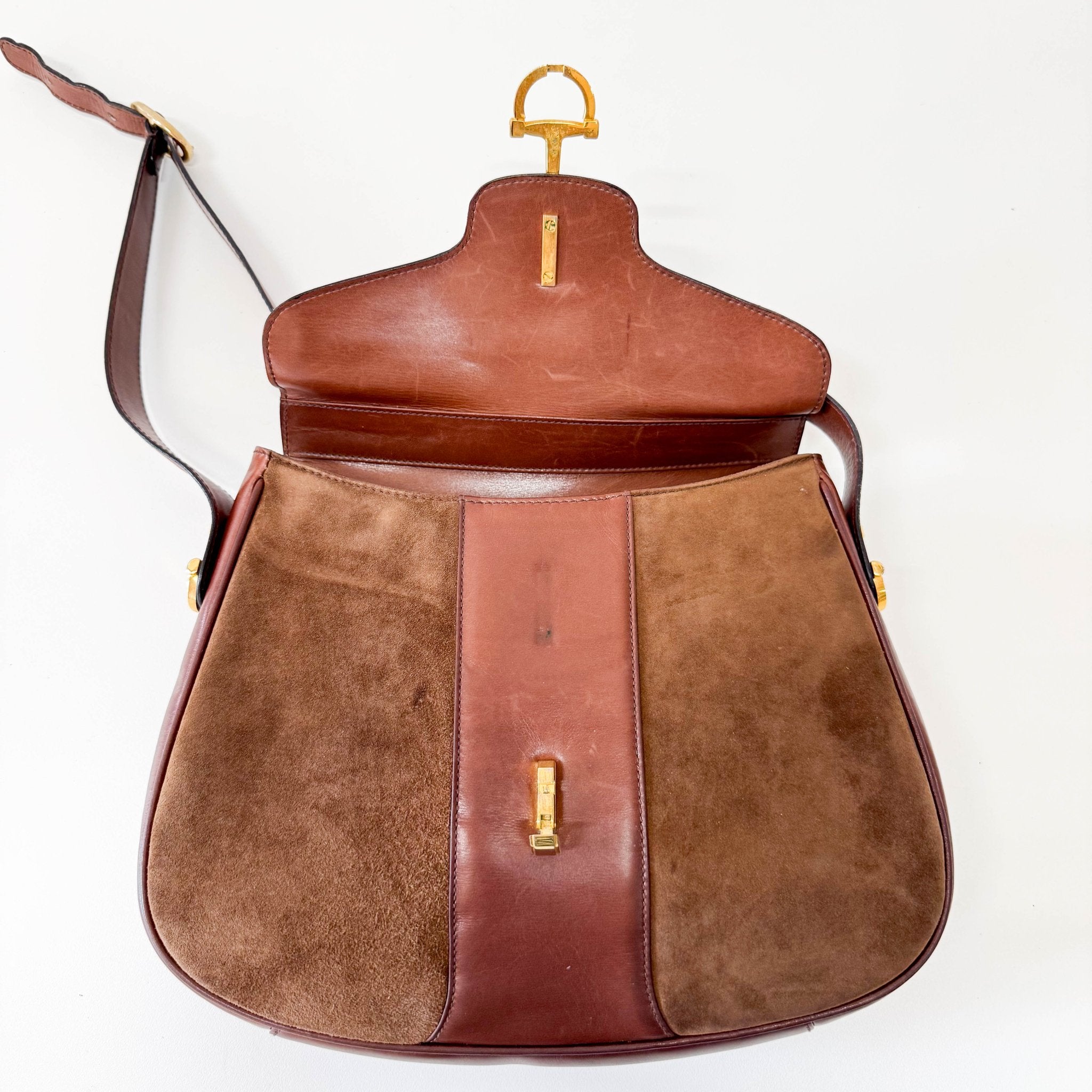 GUCCI Brown Suede Half Horsebit Detail G Crest Shoulder Bag, in , Sold by HIVE PRELOVED - Shoulder Bags, ,