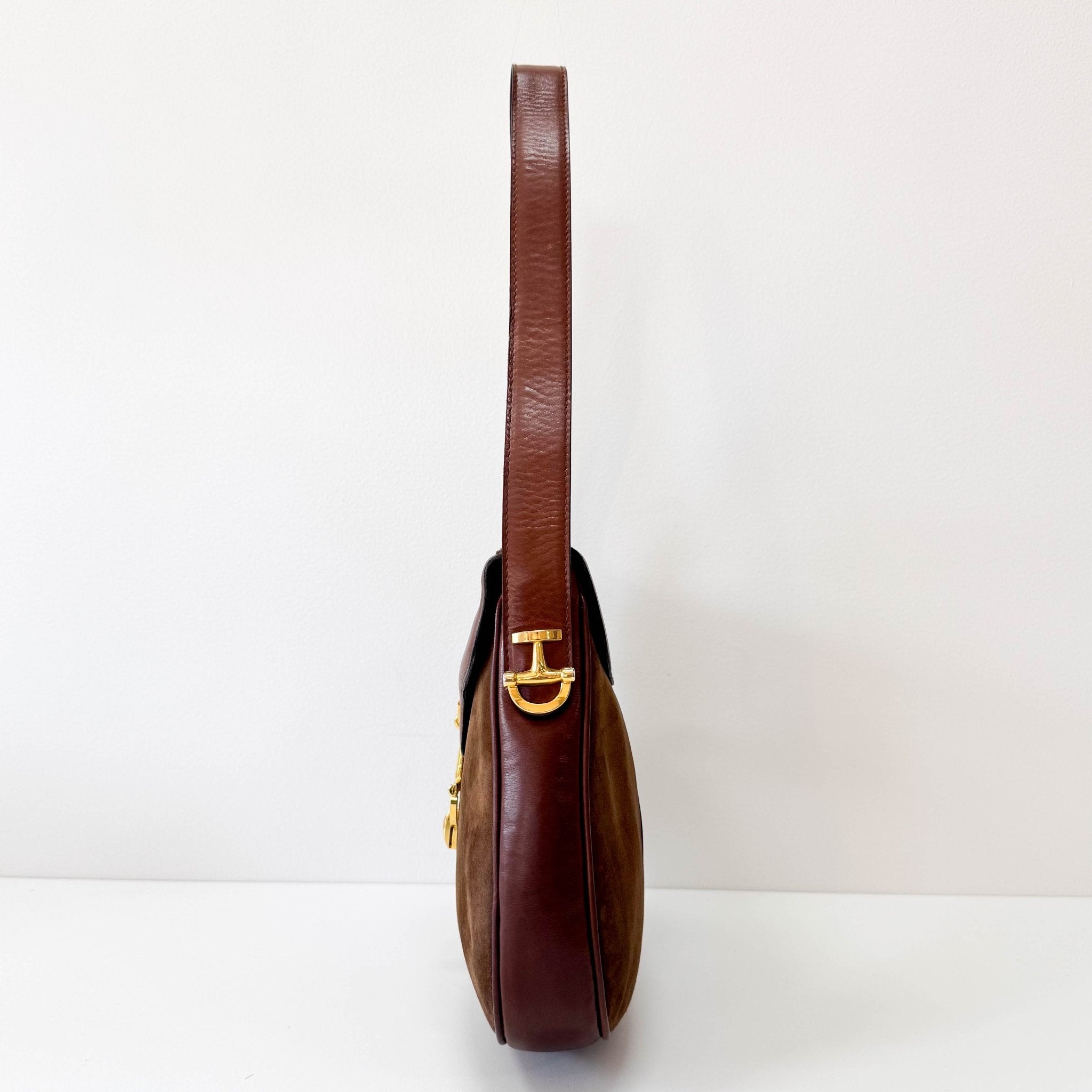 GUCCI Brown Suede Half Horsebit Detail G Crest Shoulder Bag, in , Sold by HIVE PRELOVED - Shoulder Bags, ,