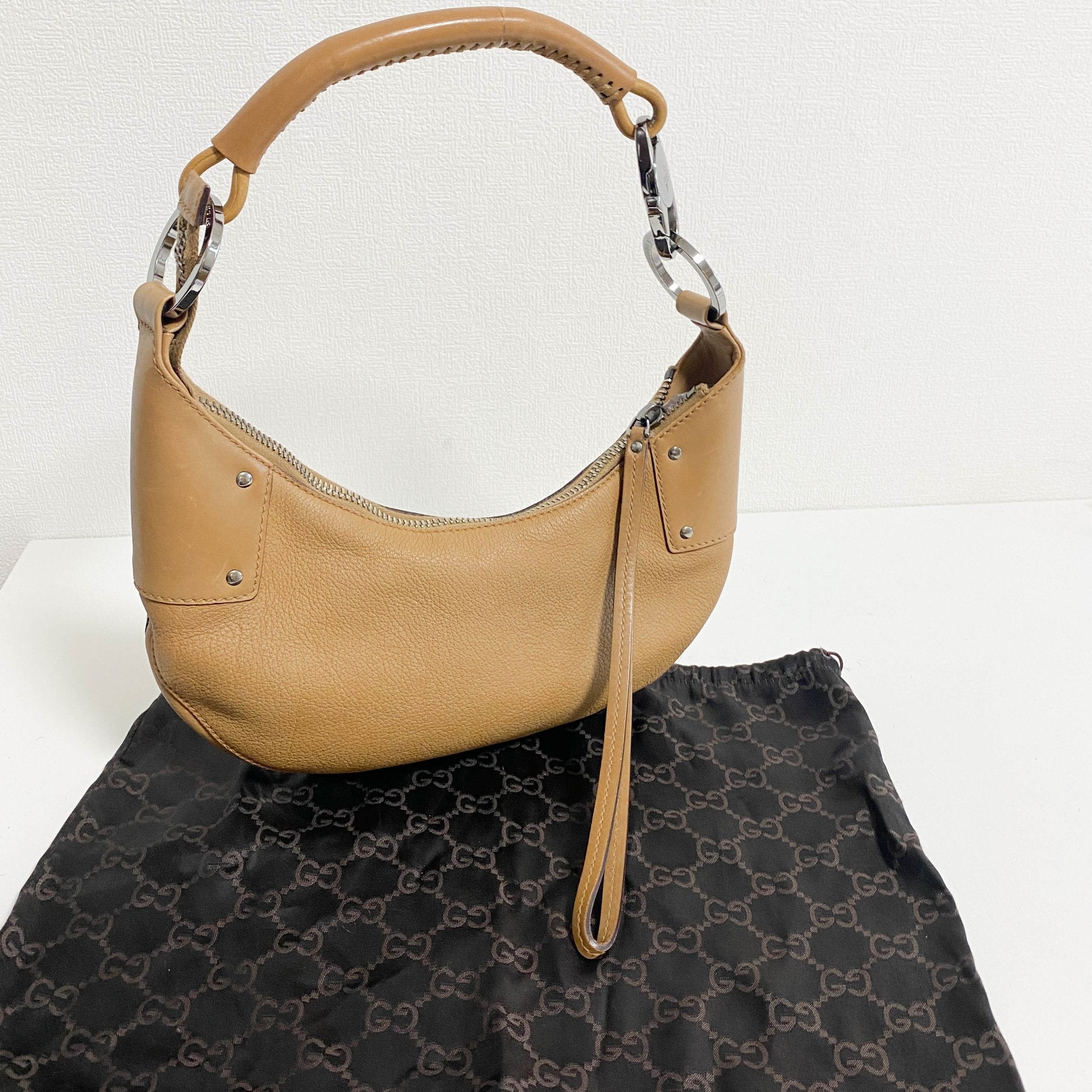 GUCCI Caramel Brown Hobo Shoulder Bag with Studs and Long Stripe Detail, in , Sold by HIVE PRELOVED - Shoulder Bags, ,