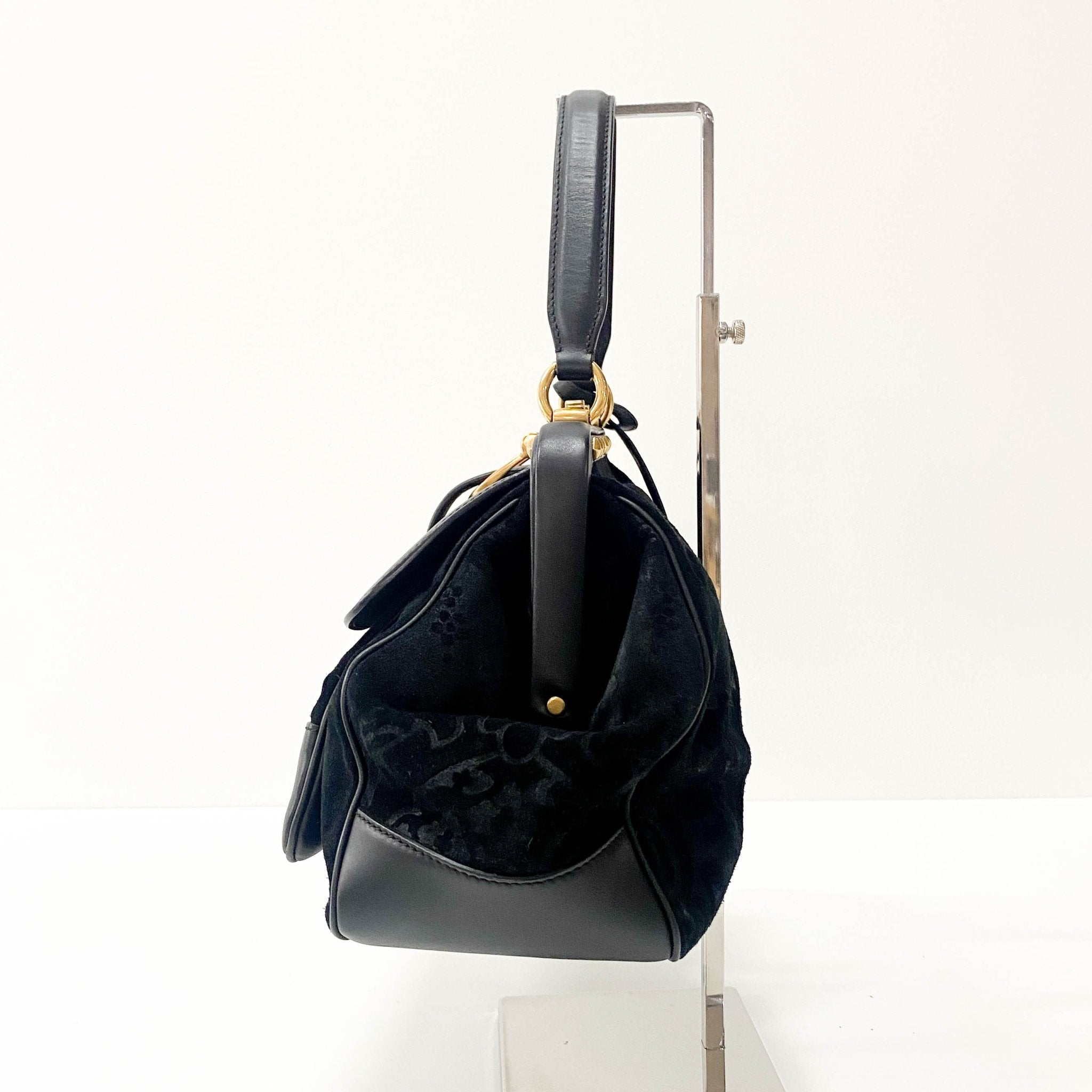 GUCCI Embroidered Suede Detail with Golden Hardware Black Leather Handle Bag, in , Sold by HIVE PRELOVED - Handle Bags, ,