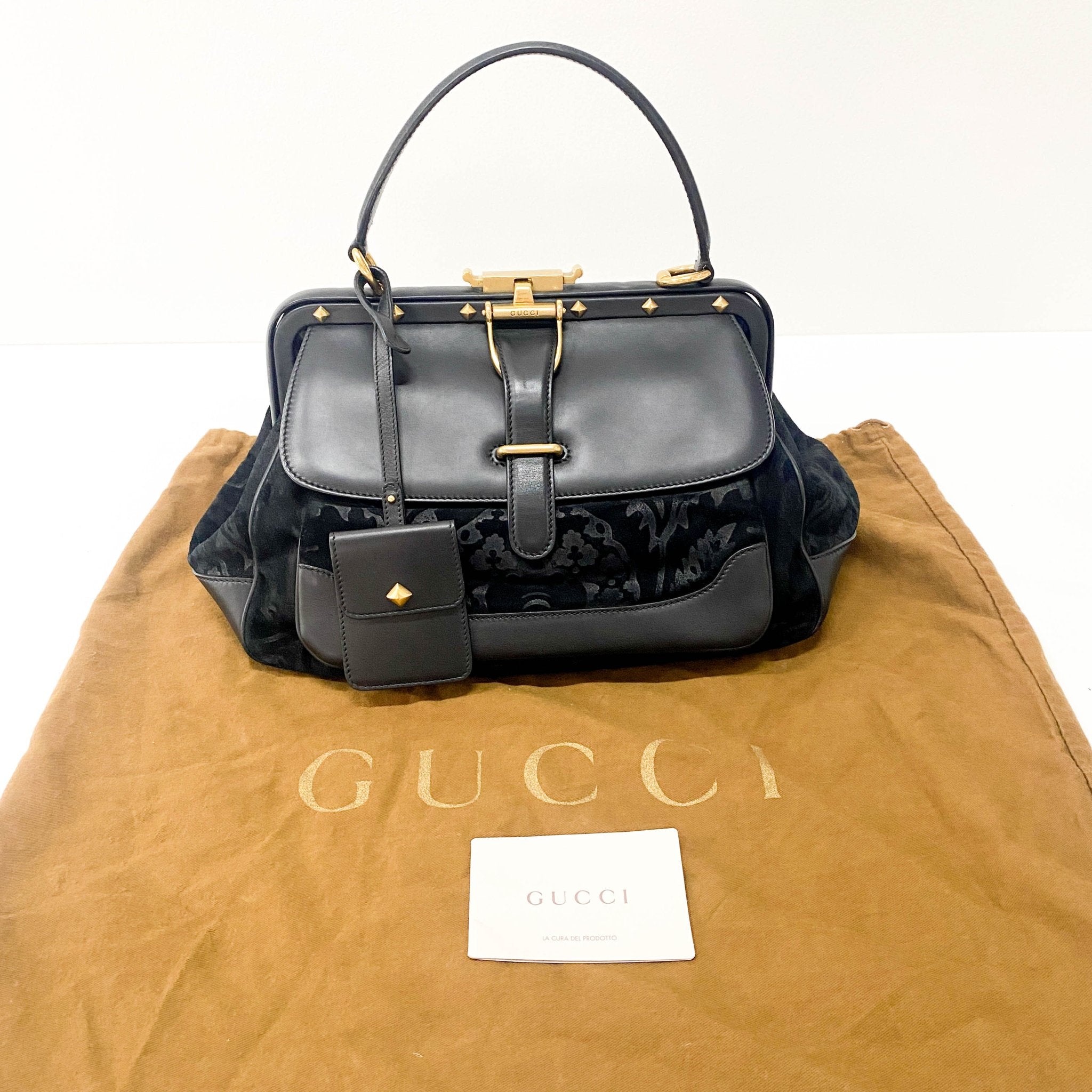 GUCCI Embroidered Suede Detail with Golden Hardware Black Leather Handle Bag, in , Sold by HIVE PRELOVED - Handle Bags, ,