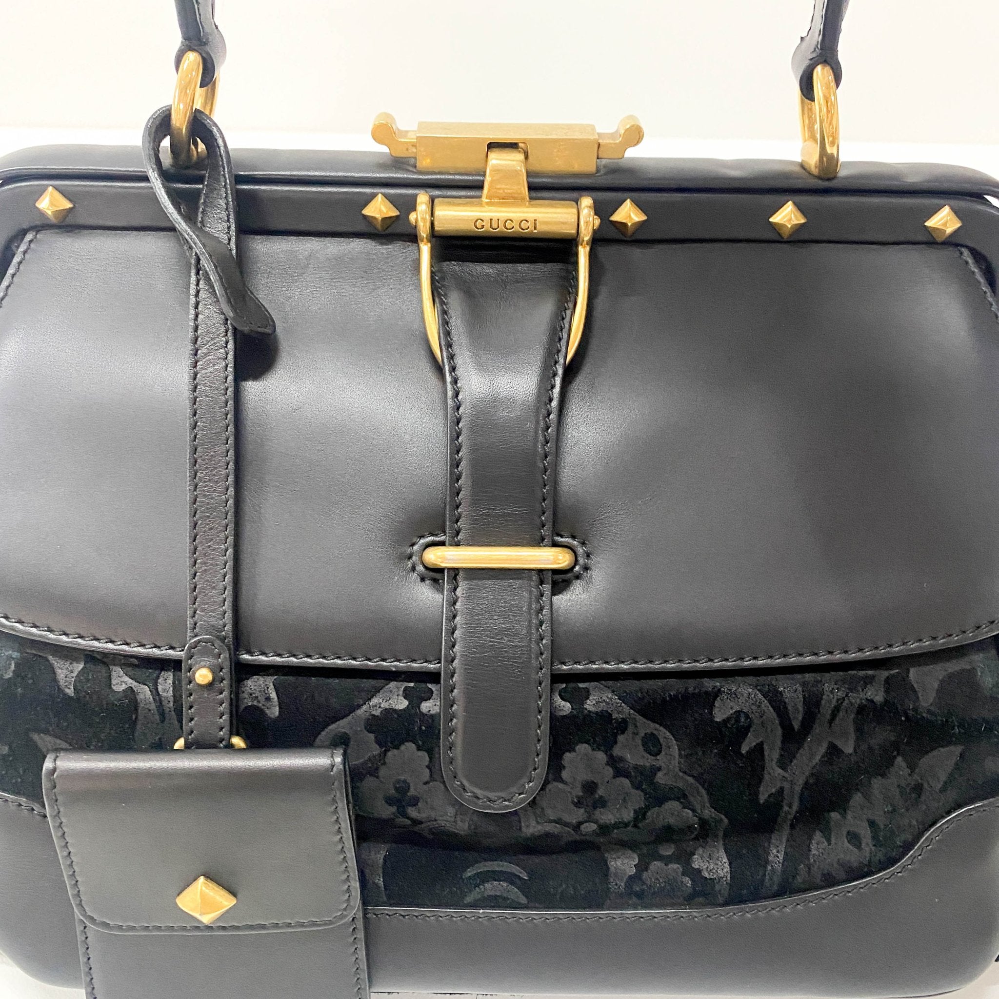 GUCCI Embroidered Suede Detail with Golden Hardware Black Leather Handle Bag, in , Sold by HIVE PRELOVED - Handle Bags, ,