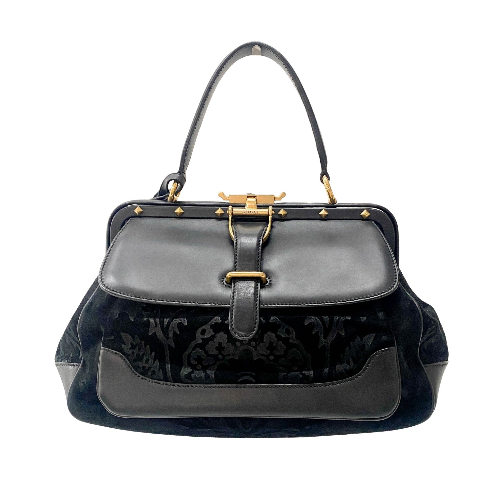 GUCCI Embroidered Suede Detail with Golden Hardware Black Leather Handle Bag, in , Sold by HIVE PRELOVED - Handle Bags, ,