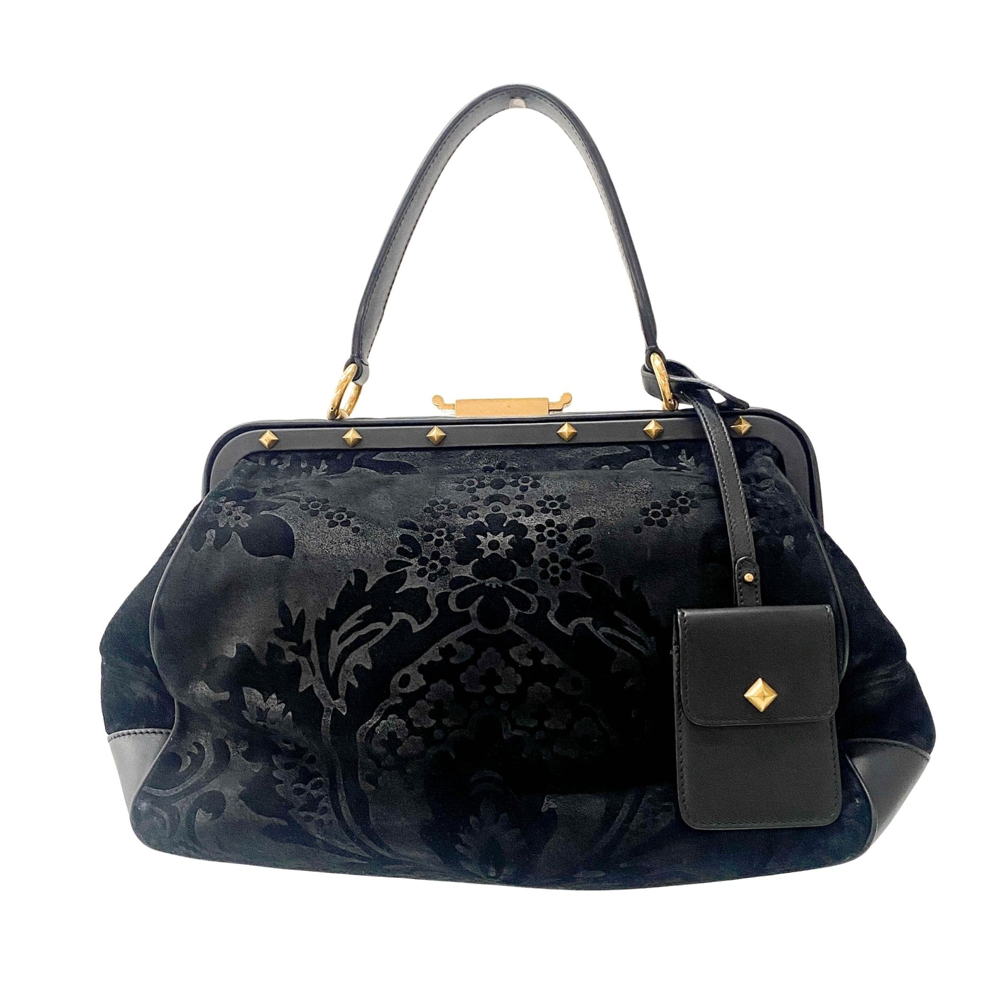 GUCCI Embroidered Suede Detail with Golden Hardware Black Leather Handle Bag, in , Sold by HIVE PRELOVED - Handle Bags, ,