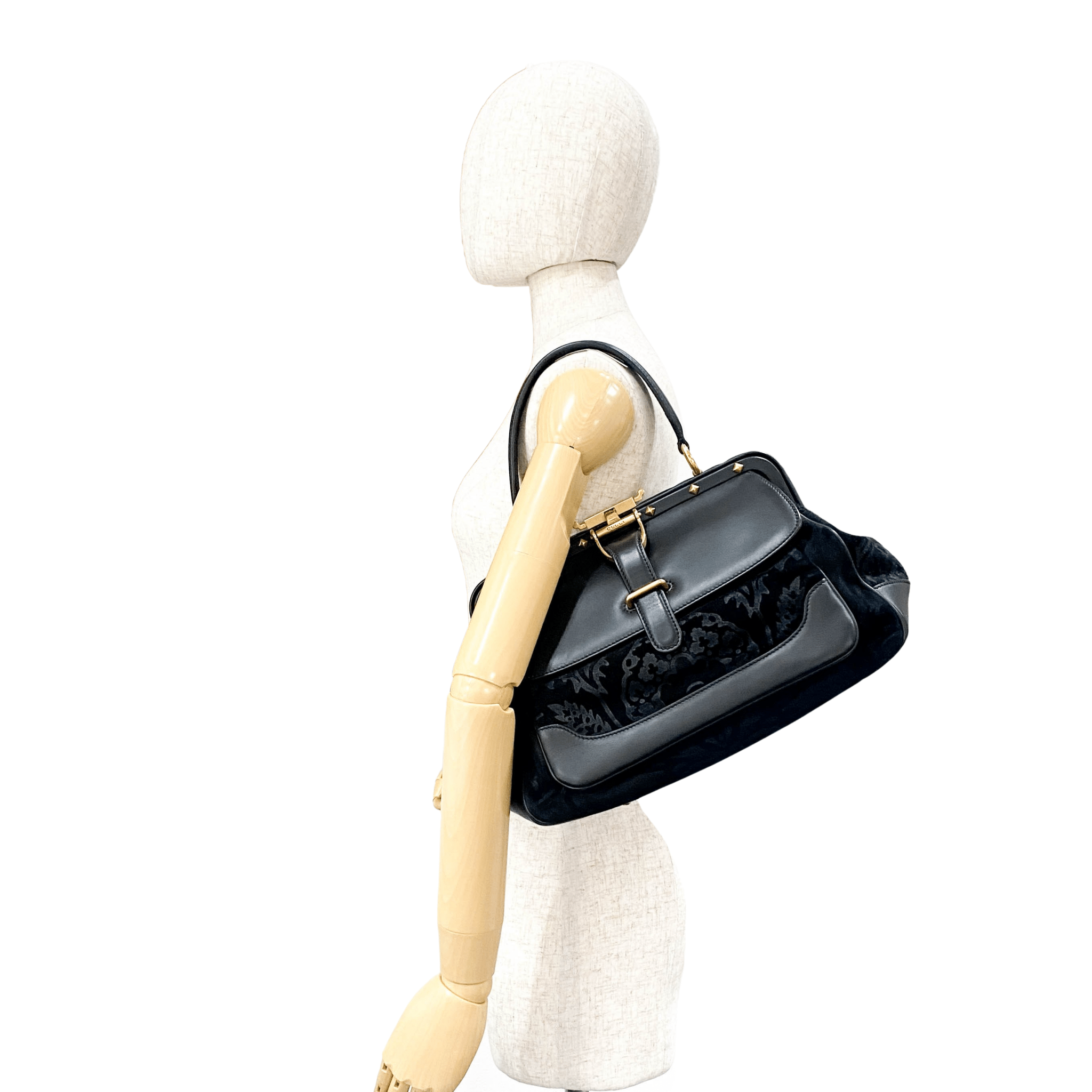 GUCCI Embroidered Suede Detail with Golden Hardware Black Leather Handle Bag, in , Sold by HIVE PRELOVED - Handle Bags, ,